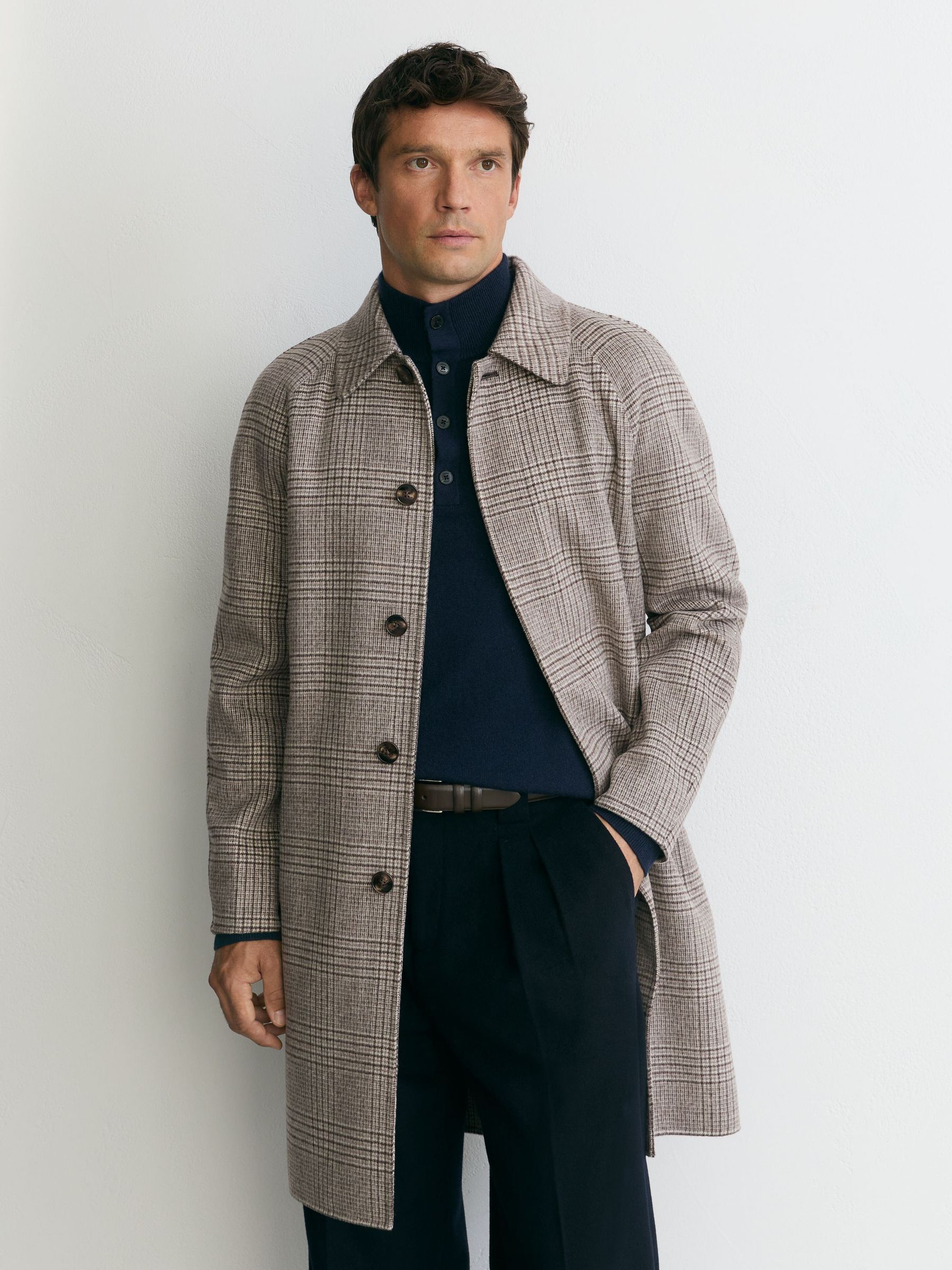 Wool-Blend Check Single-Breasted Overcoat in Stone Check - Image 7 of 9