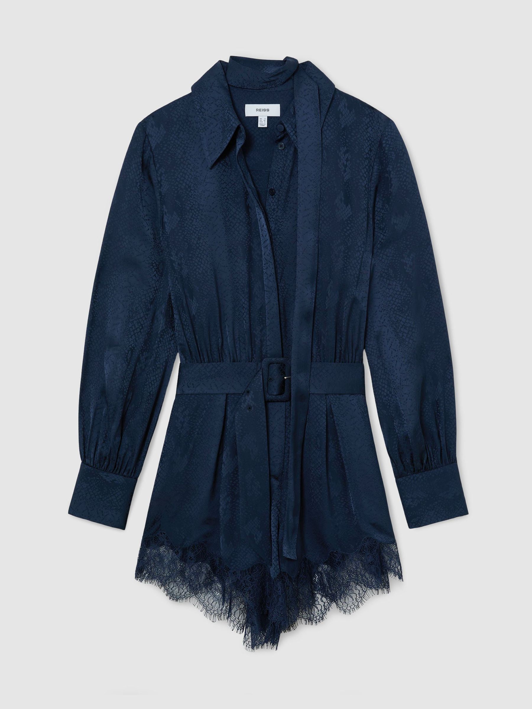 Jacquard-playsuit med blondekant og tørklædehals i marineblå - Billede 2 af 7