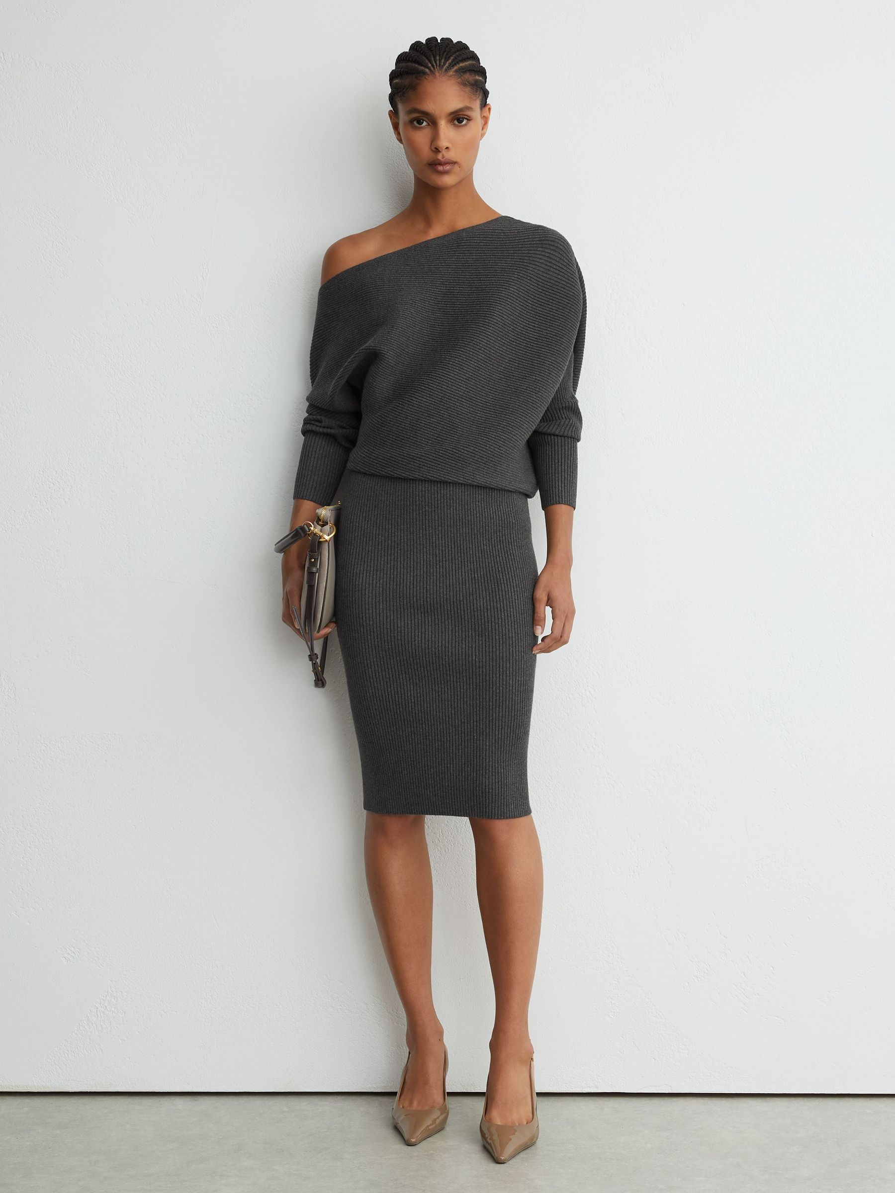 Off-The-Shoulder Ribbed Midi Dress in Charcoal Grey - Image 1 of 6