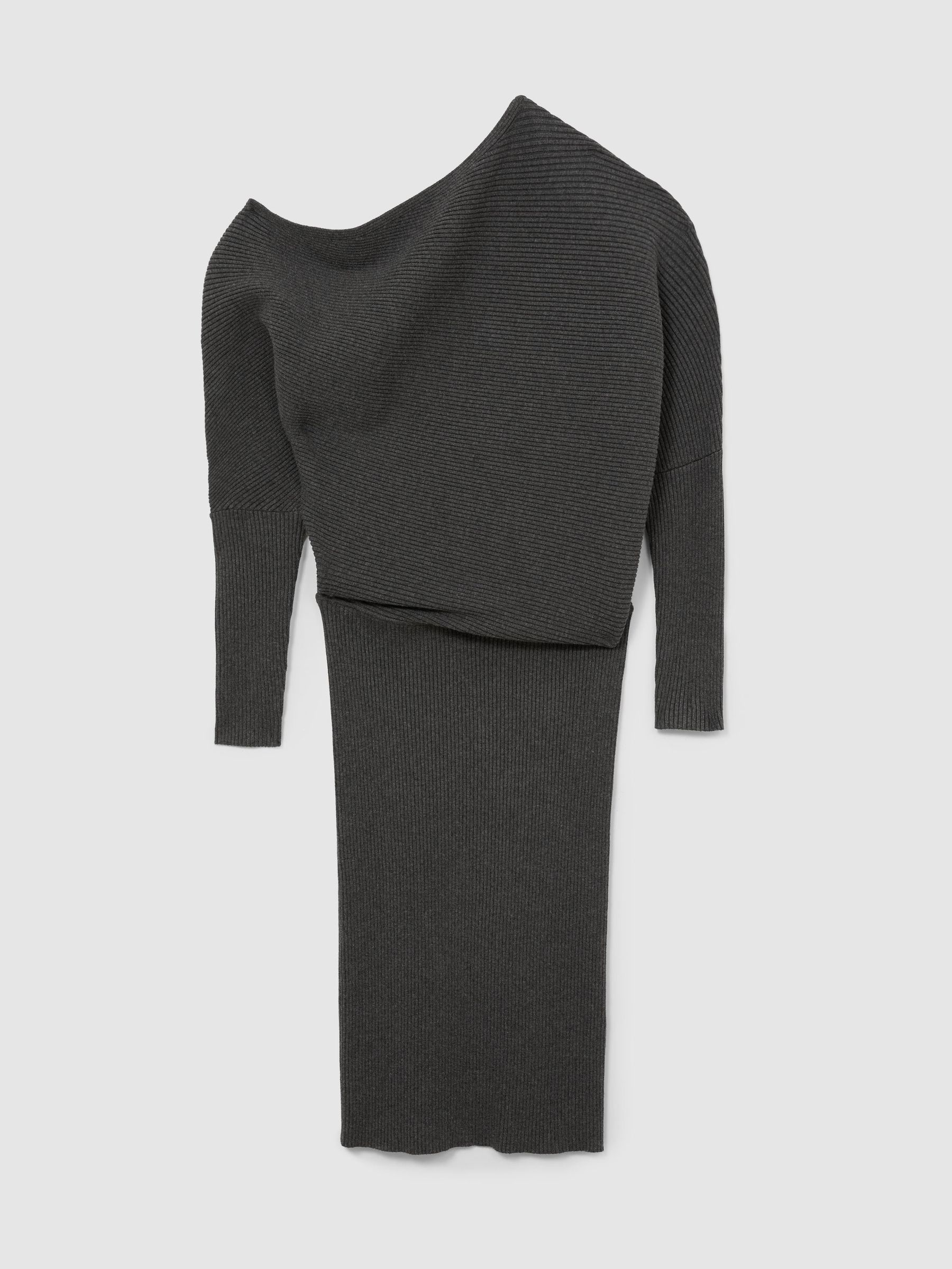 Off-The-Shoulder Ribbed Midi Dress in Charcoal Grey - Image 2 of 6