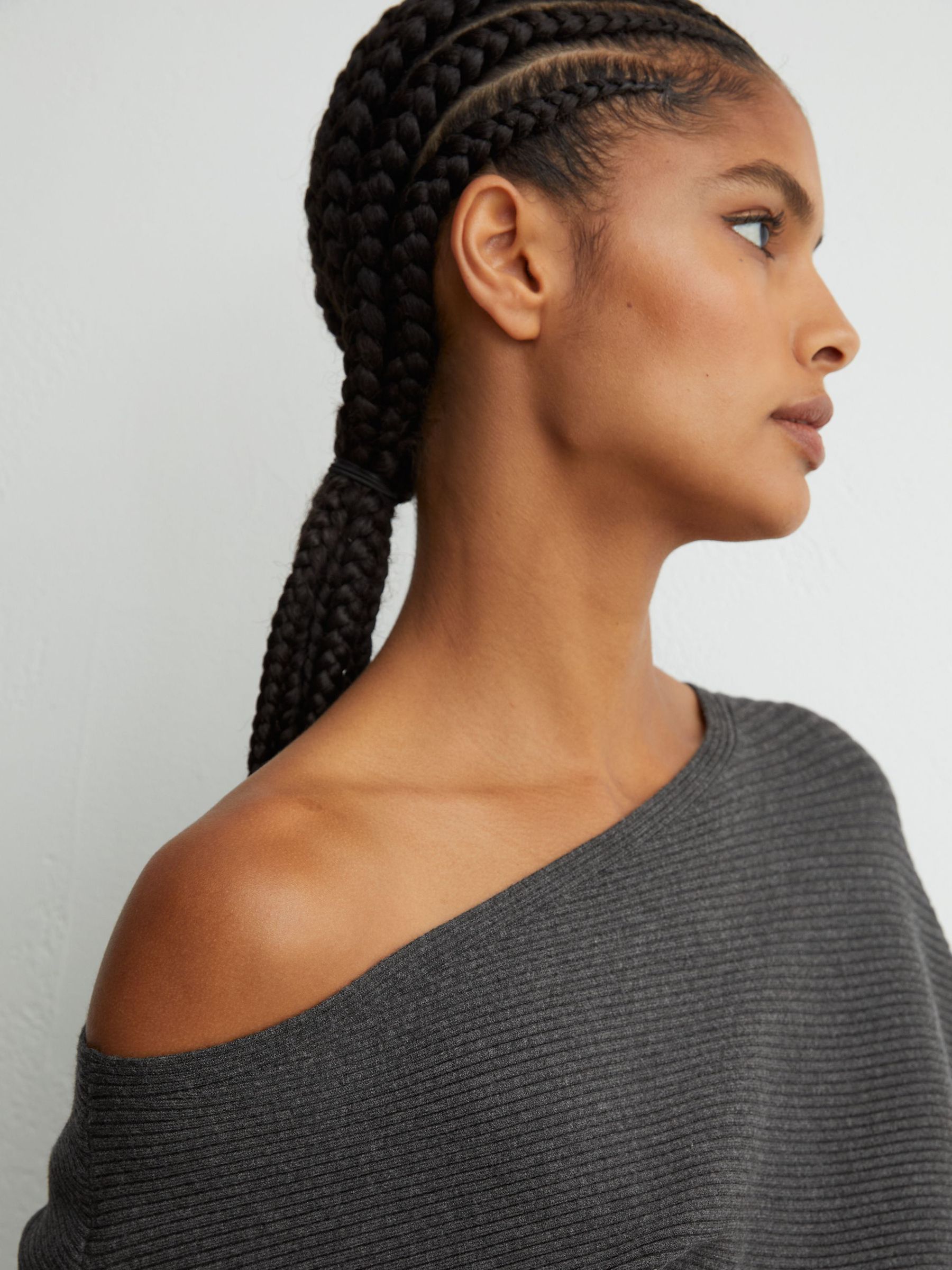 Off-The-Shoulder Ribbed Midi Dress in Charcoal Grey - Image 3 of 6