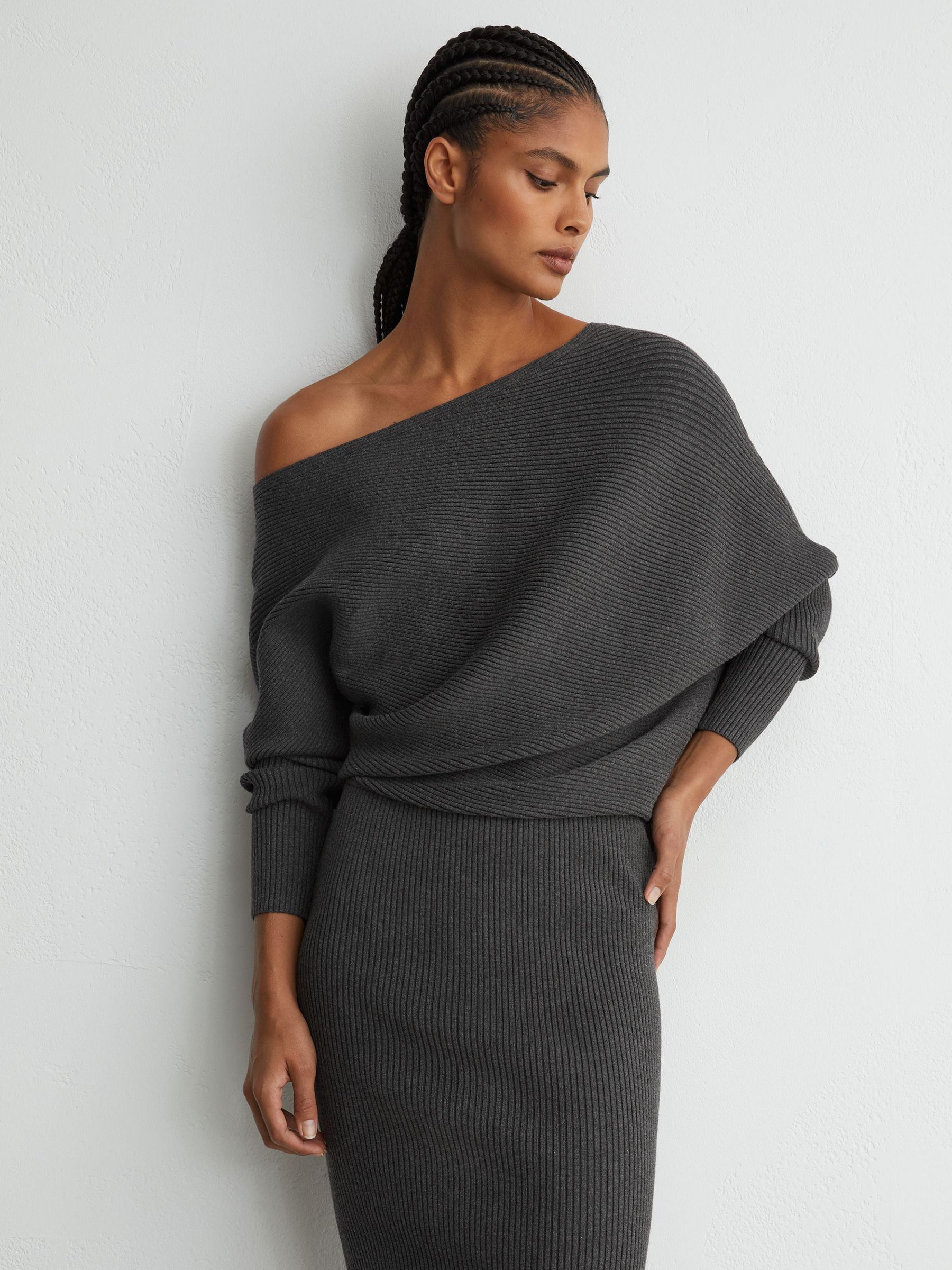 Off-The-Shoulder Ribbed Midi Dress in Charcoal Grey - Image 4 of 6