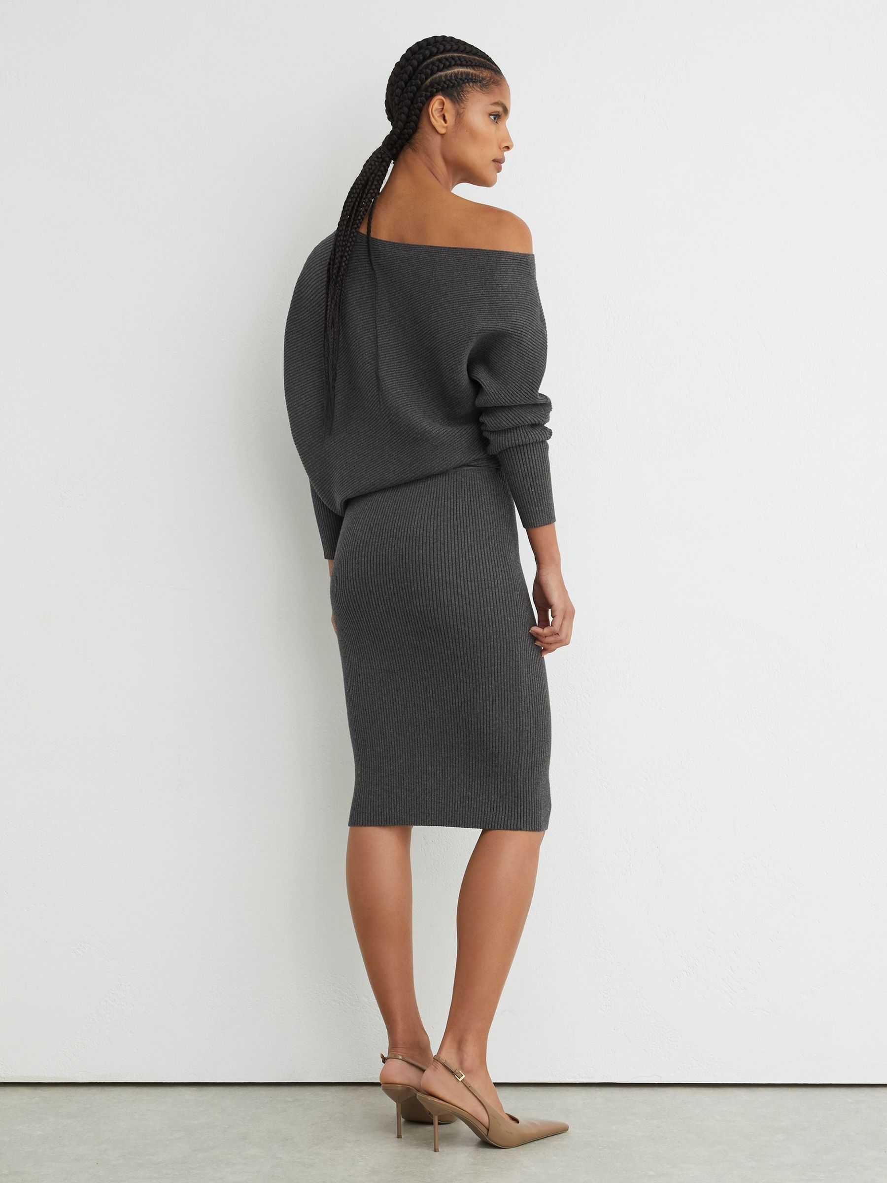 Off-The-Shoulder Ribbed Midi Dress in Charcoal Grey - Image 5 of 6