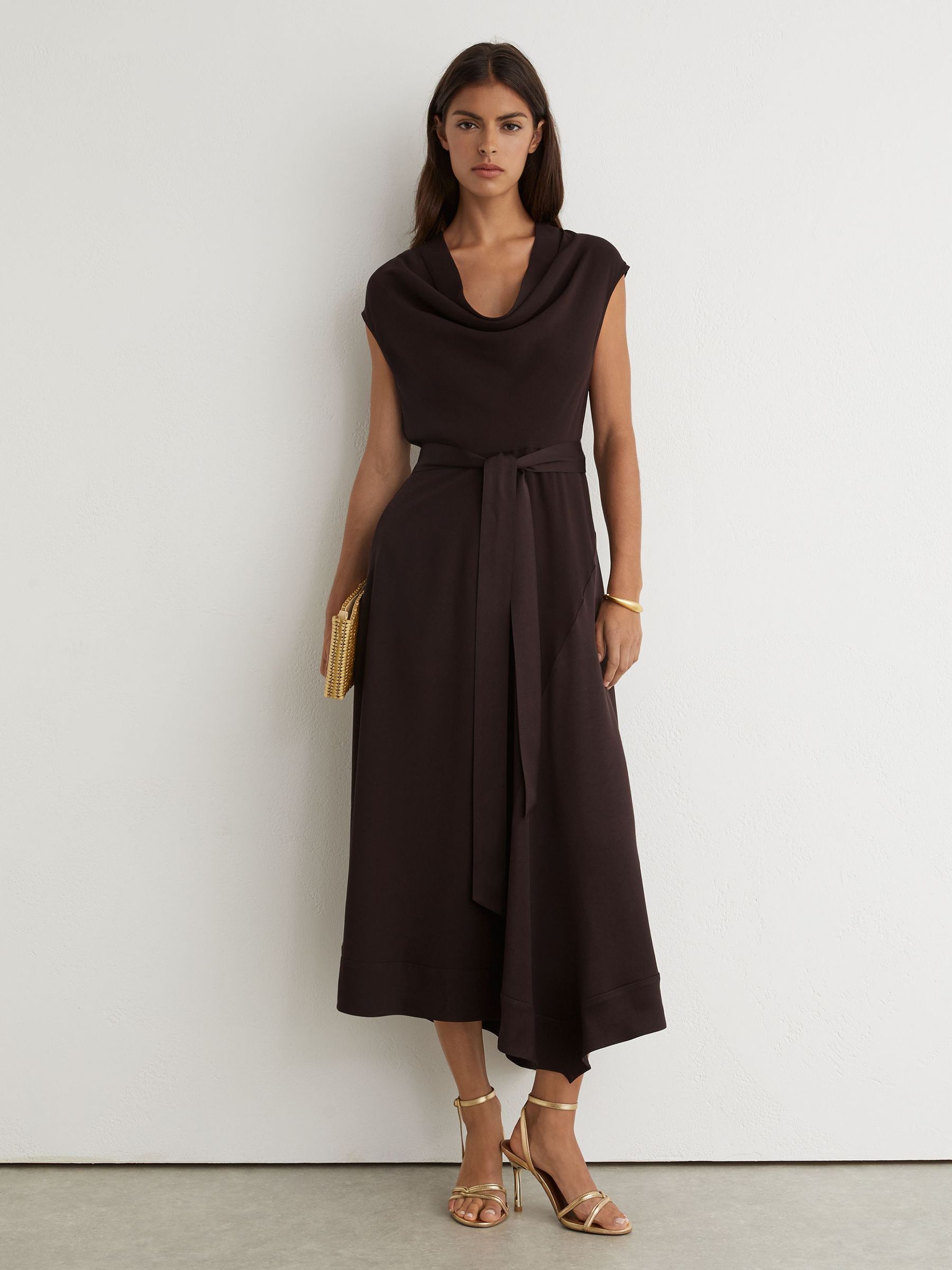 Cowl-Neck Tie-Waist Midi Dress in Grape Burgundy - Image 1 of 8