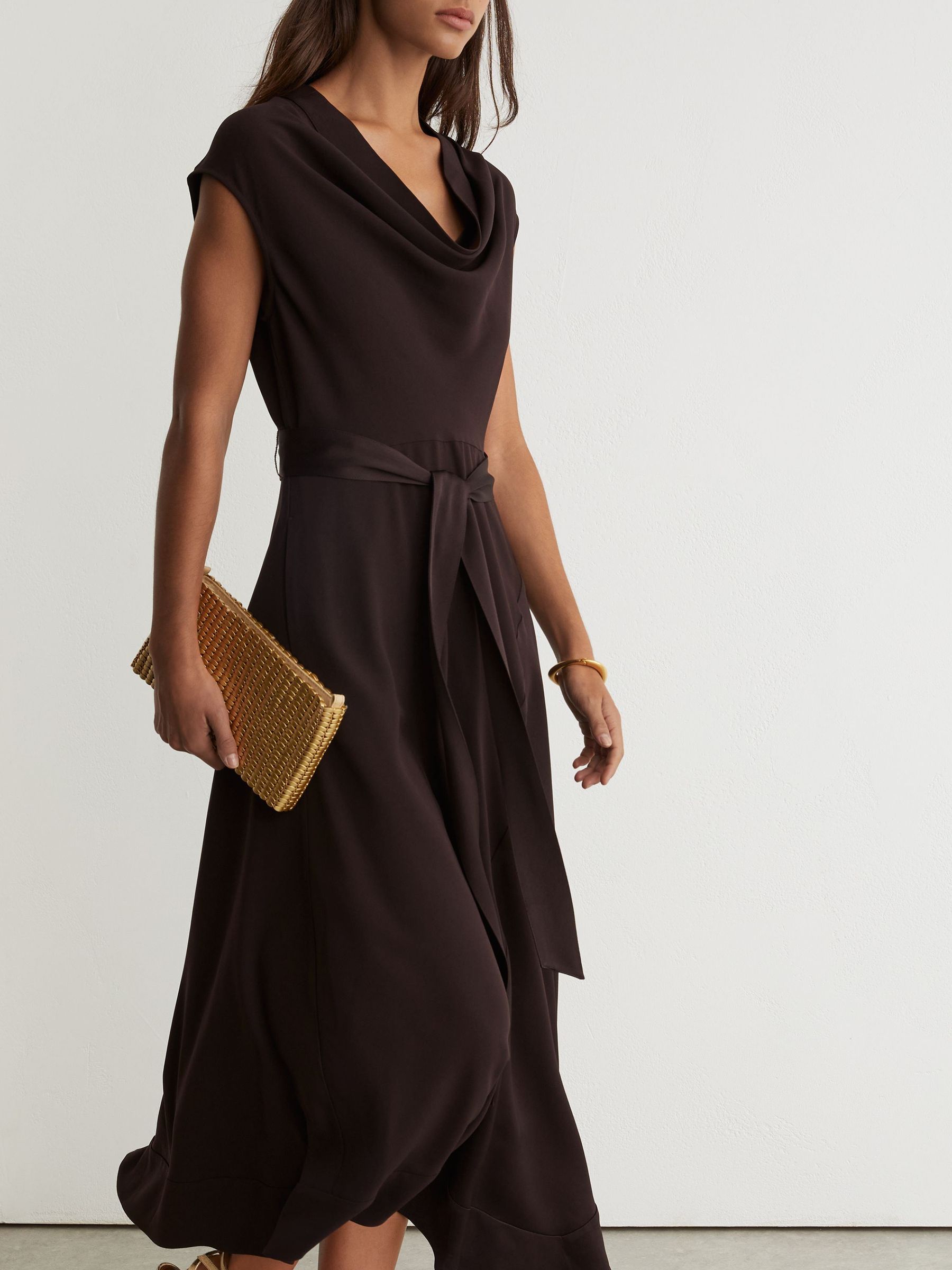 Cowl-Neck Tie-Waist Midi Dress in Grape Burgundy - Image 4 of 8