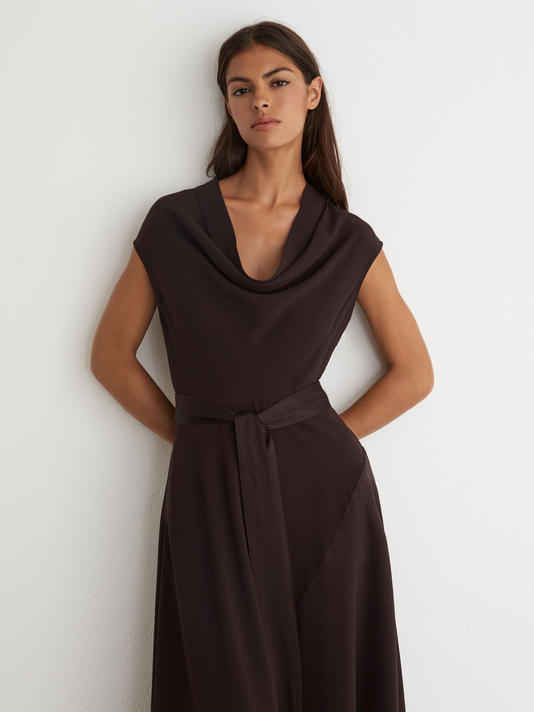 Cowl-Neck Tie-Waist Midi Dress in Grape Burgundy - Image 6 of 8