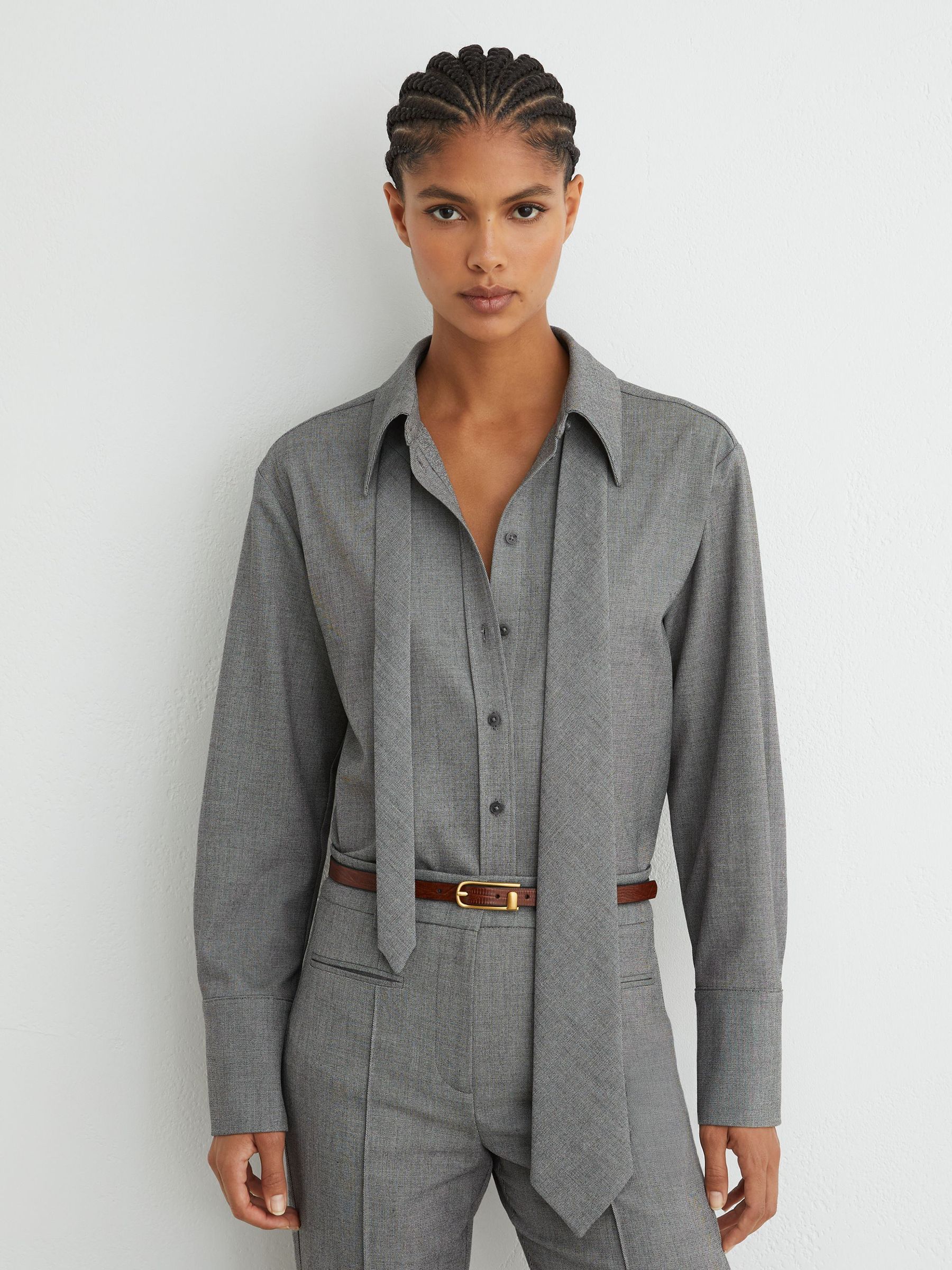 Reiss Woven Neck-Tie Long-Sleeve Shirt in Grey | REISS