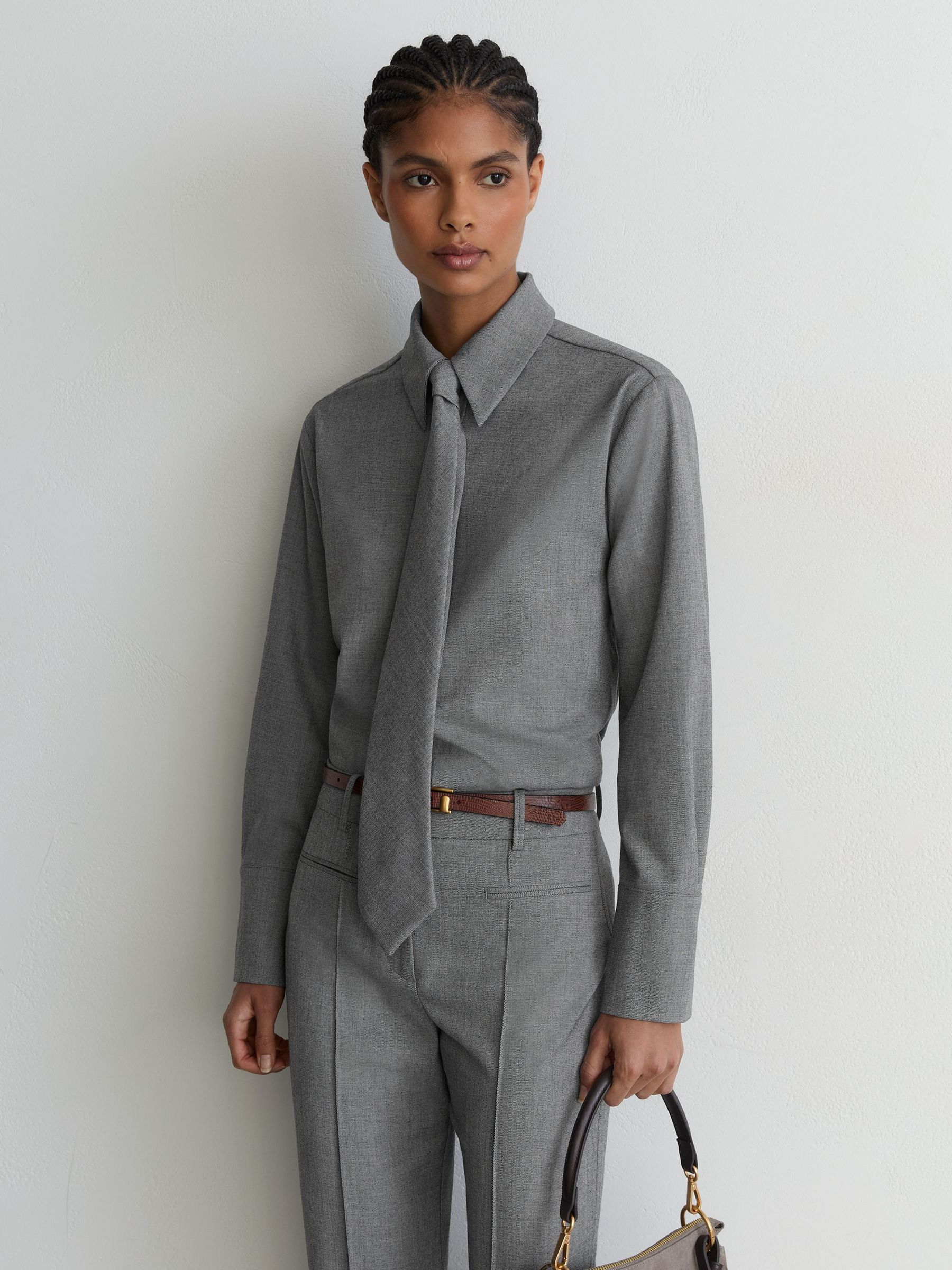 Woven Neck-Tie Long-Sleeve Shirt in Grey - Bild 1 von 7