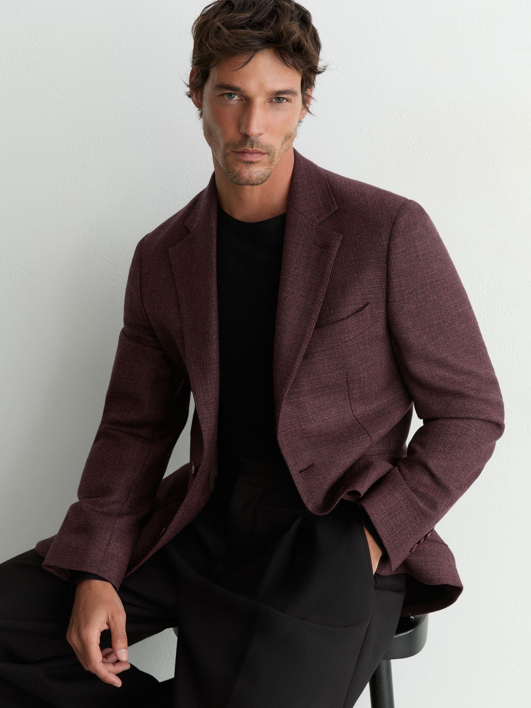 Wool Hopsack Single-Breasted Blazer Tailored-Fit in Bordeaux - Image 6 de 8