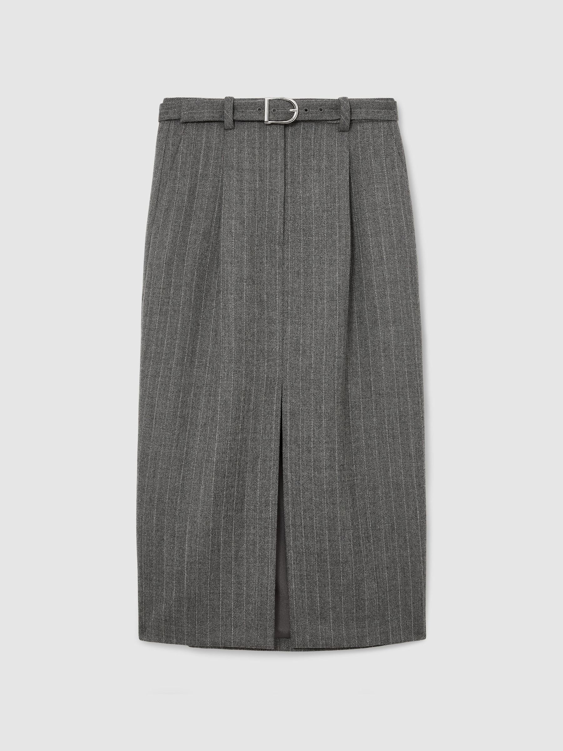 Wool Pinstripe Belted Pencil Skirt in Grey - Image 2 of 9