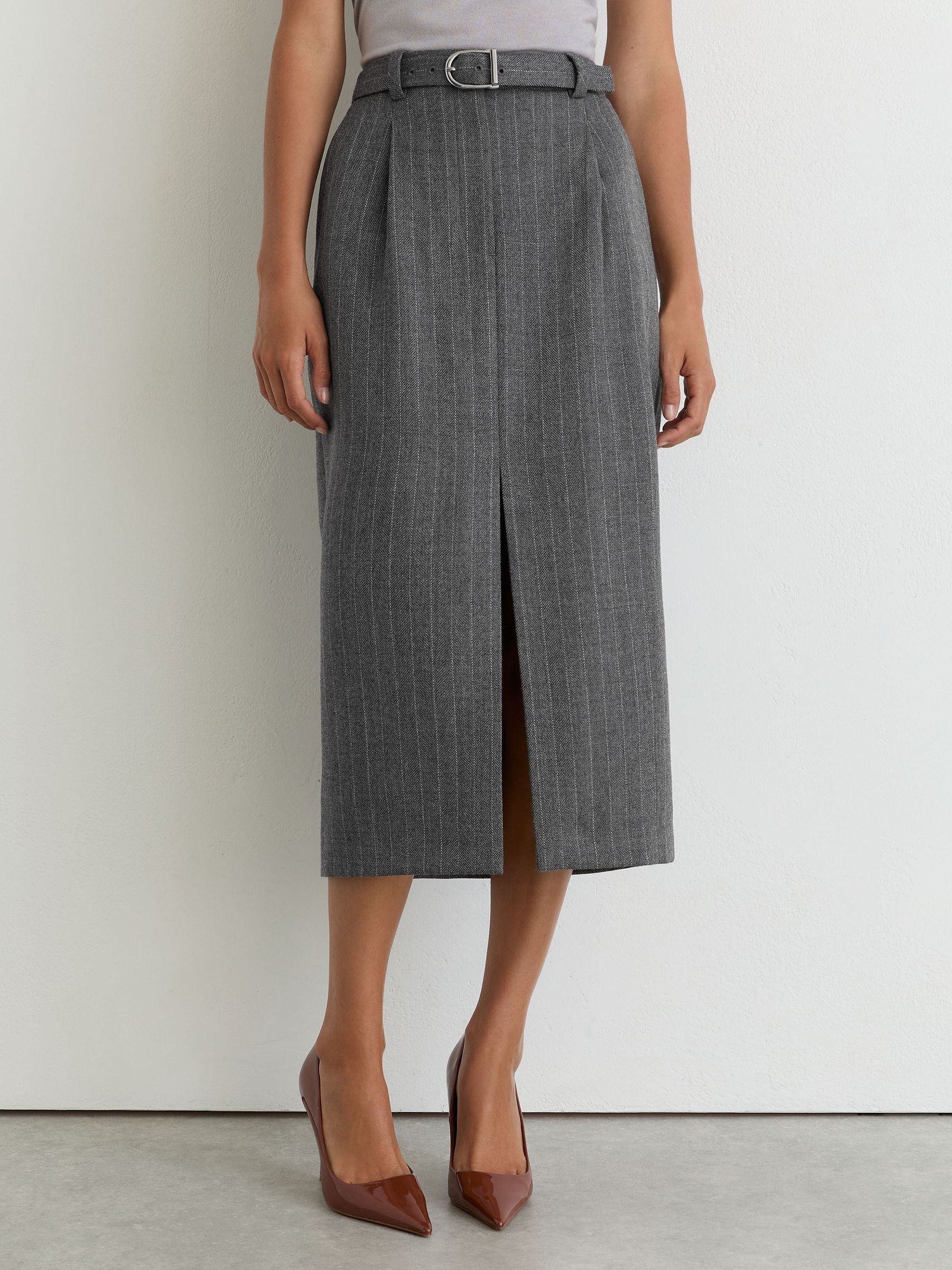 Wool Pinstripe Belted Pencil Skirt in Grey - Image 3 of 9
