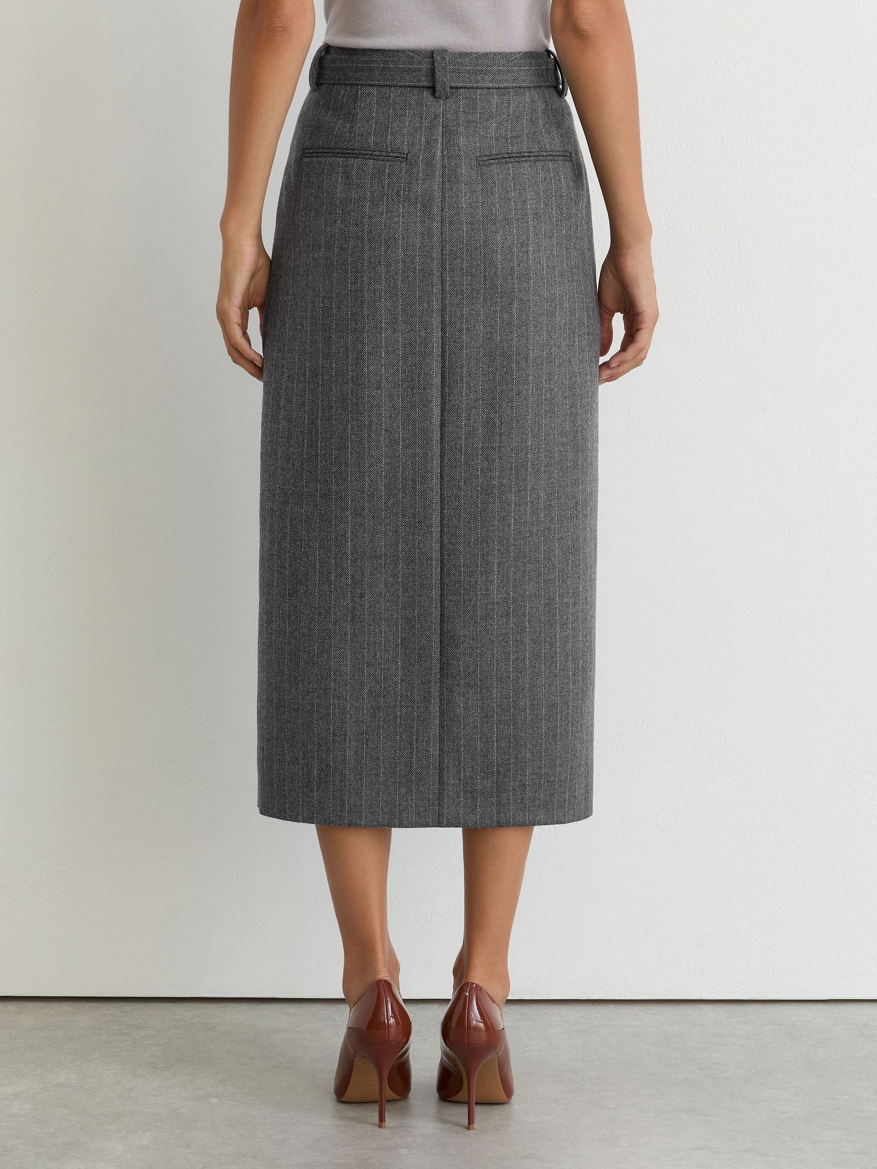 Wool Pinstripe Belted Pencil Skirt in Grey - Image 5 of 9