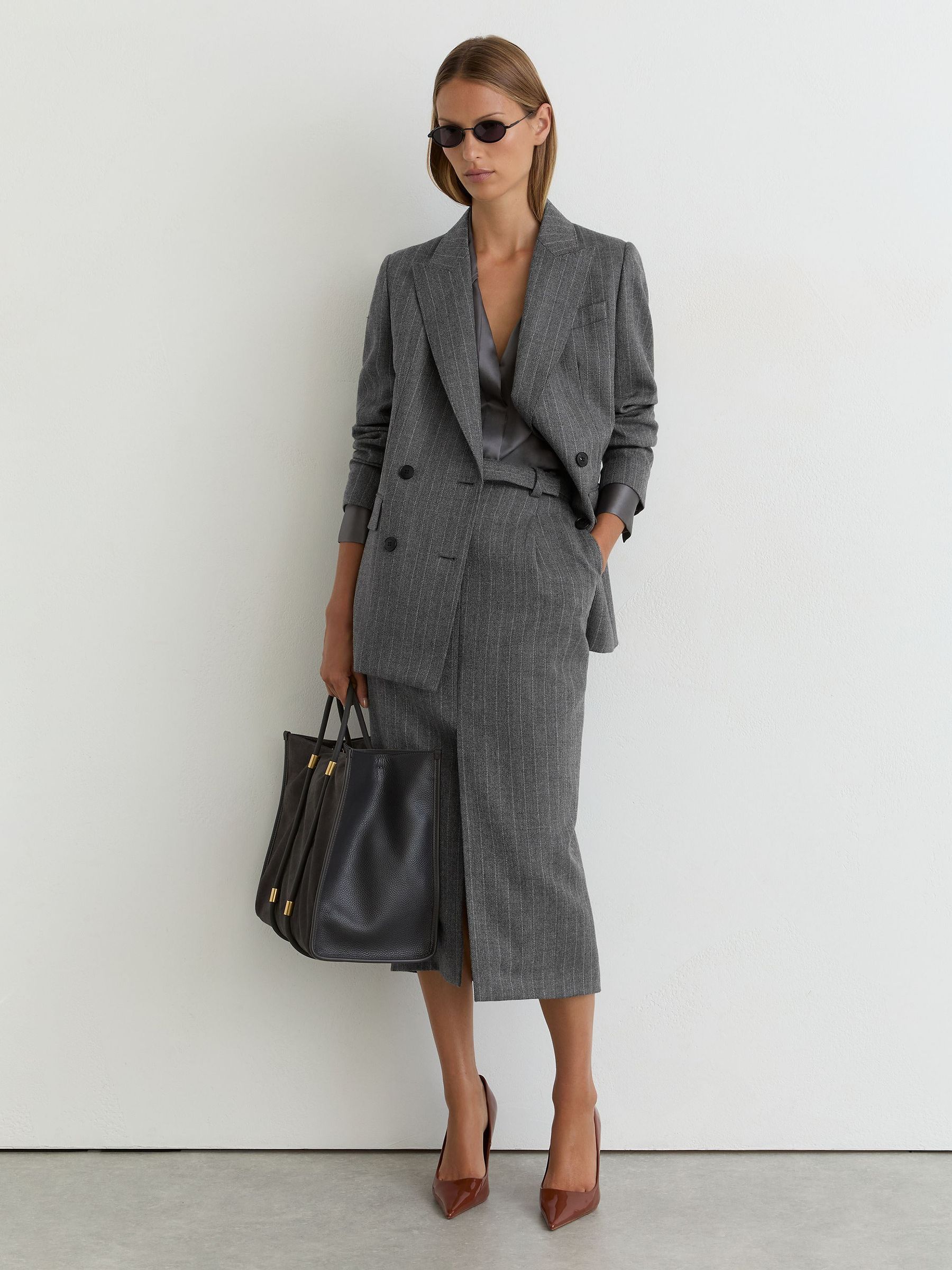 Wool Pinstripe Belted Pencil Skirt in Grey - Image 7 of 9