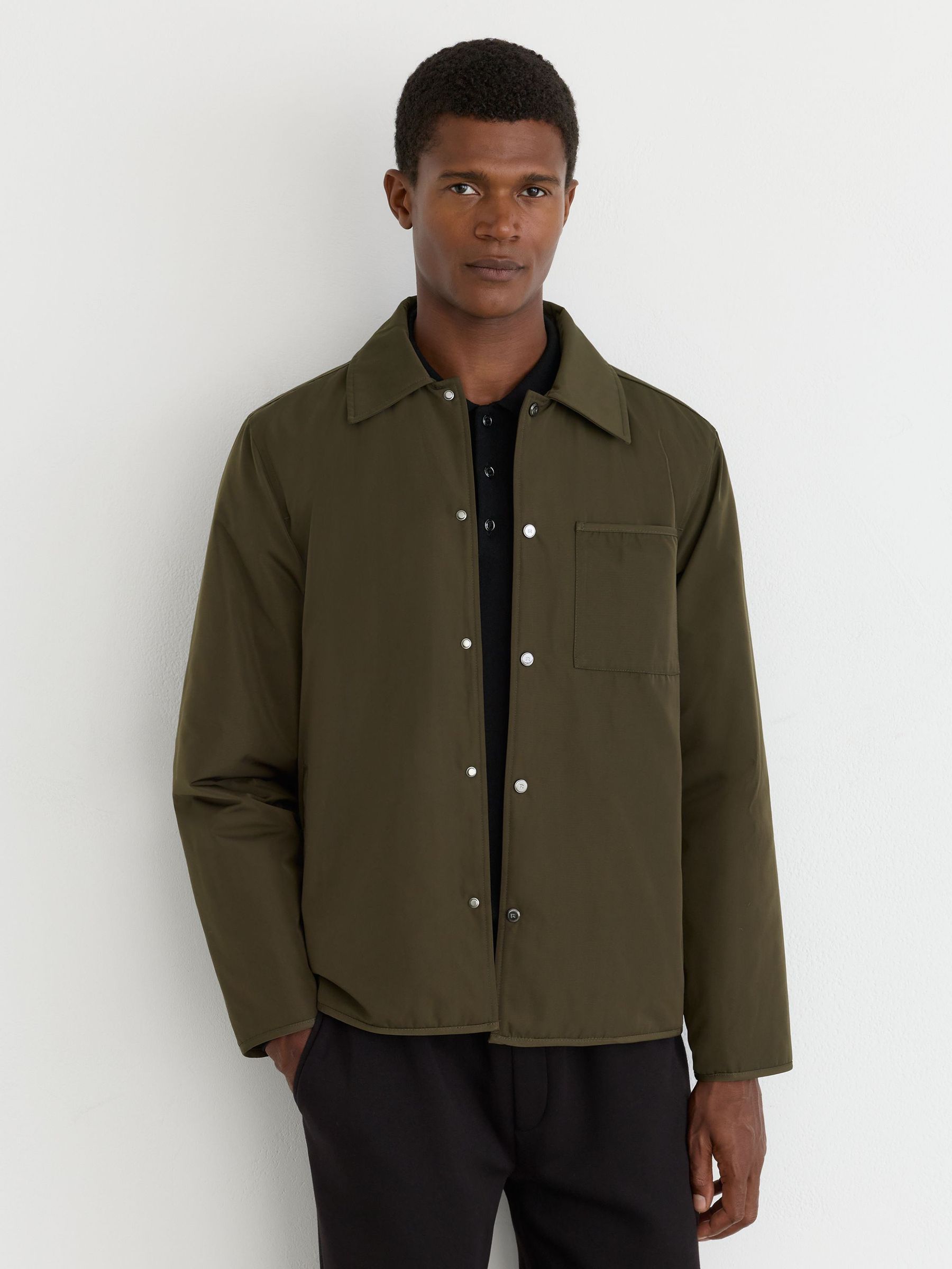 Lightly-Padded Patch-Pocket Overshirt in Dark Green - Image 1 of 8