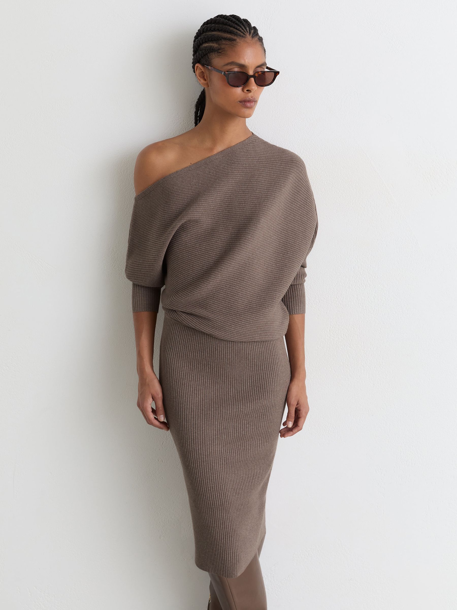 Off-The-Shoulder Ribbed Midi Dress in Neutral - Image 1 of 6