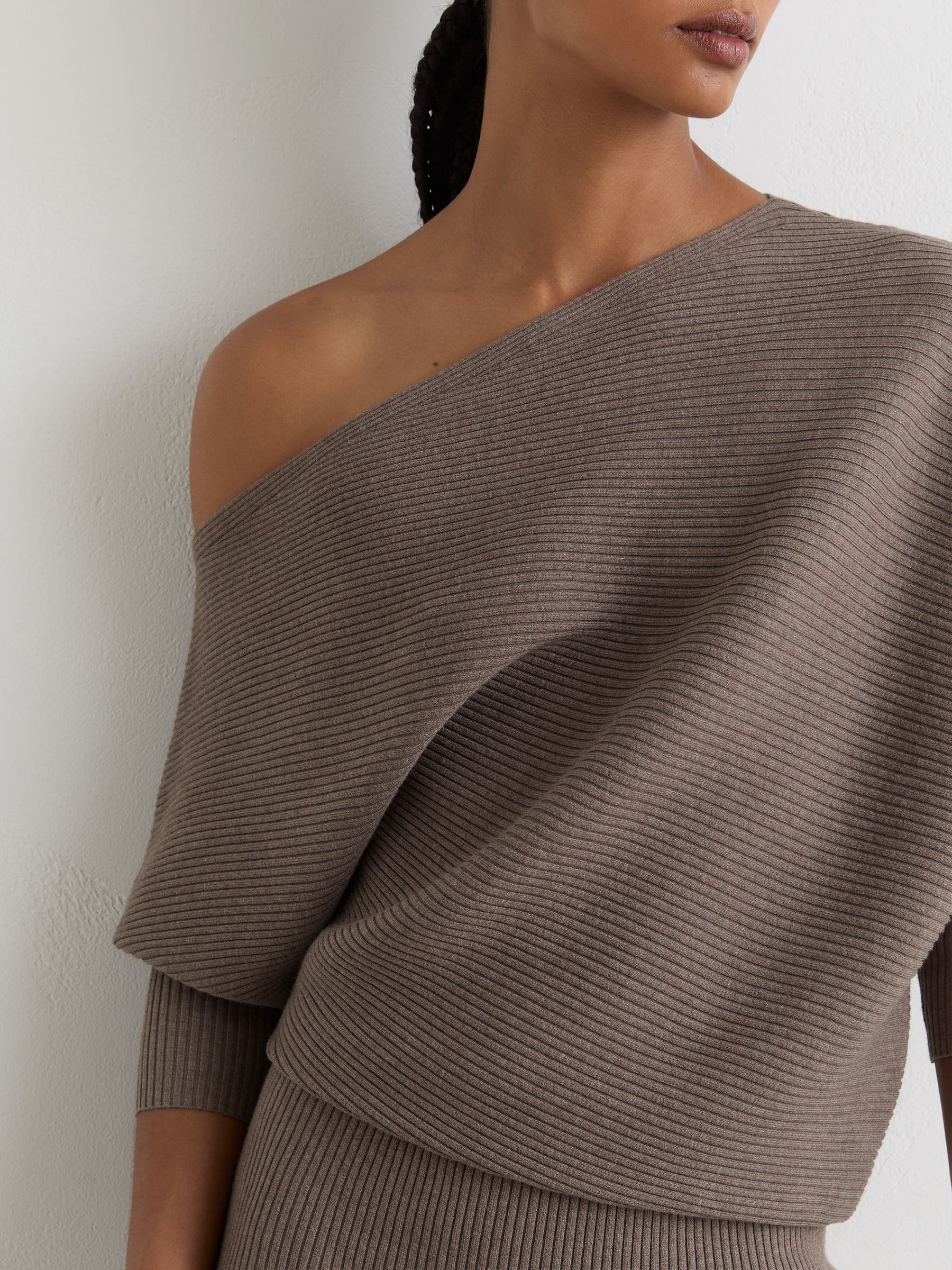 Off-The-Shoulder Ribbed Midi Dress in Neutral - Image 3 of 6