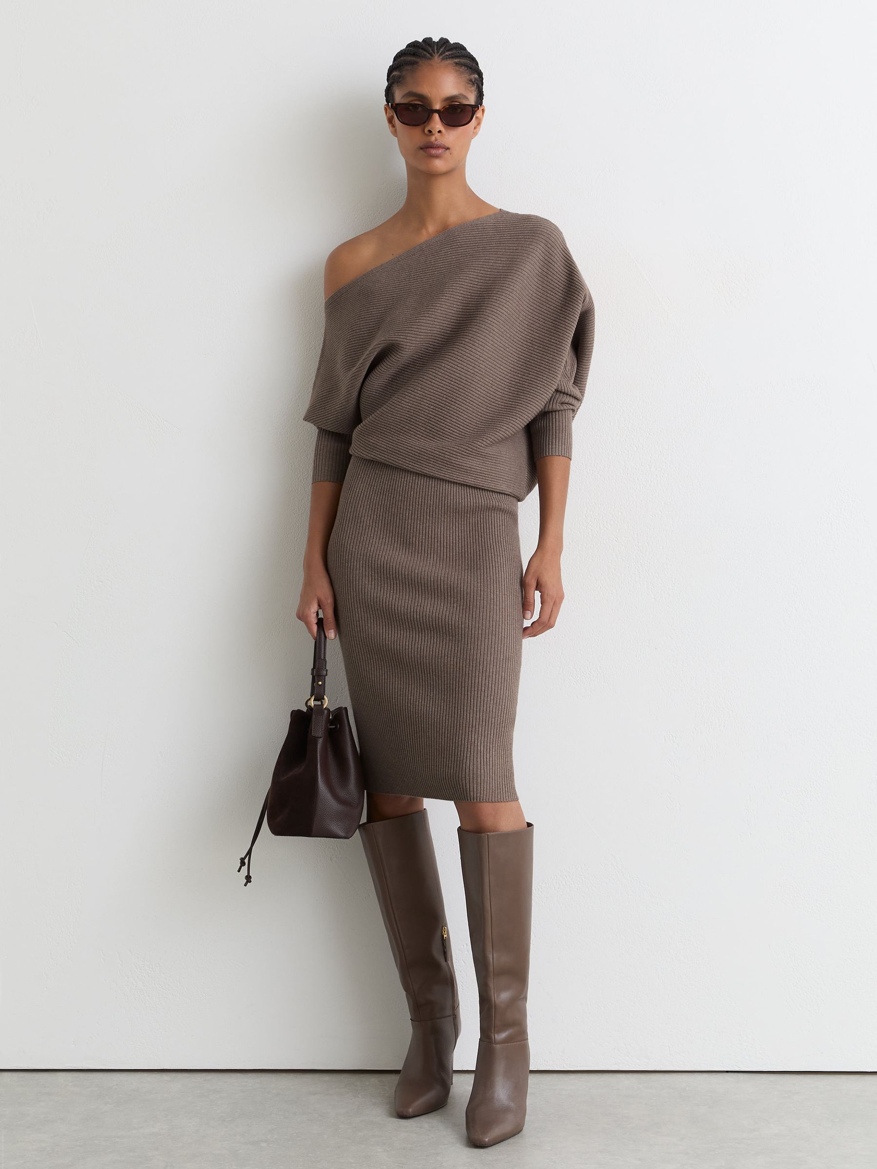 Off-The-Shoulder Ribbed Midi Dress in Neutral - Image 4 of 6