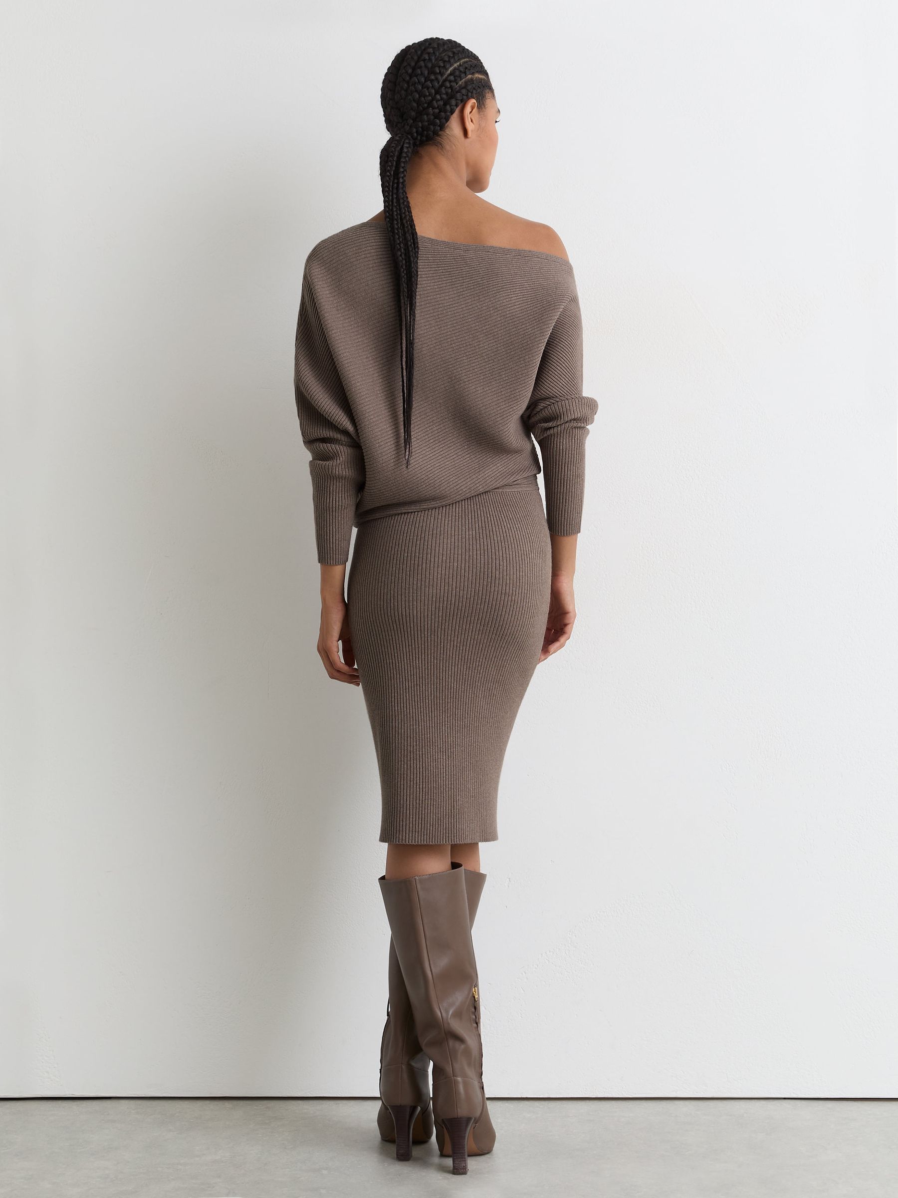 Off-The-Shoulder Ribbed Midi Dress in Neutral - Image 5 of 6