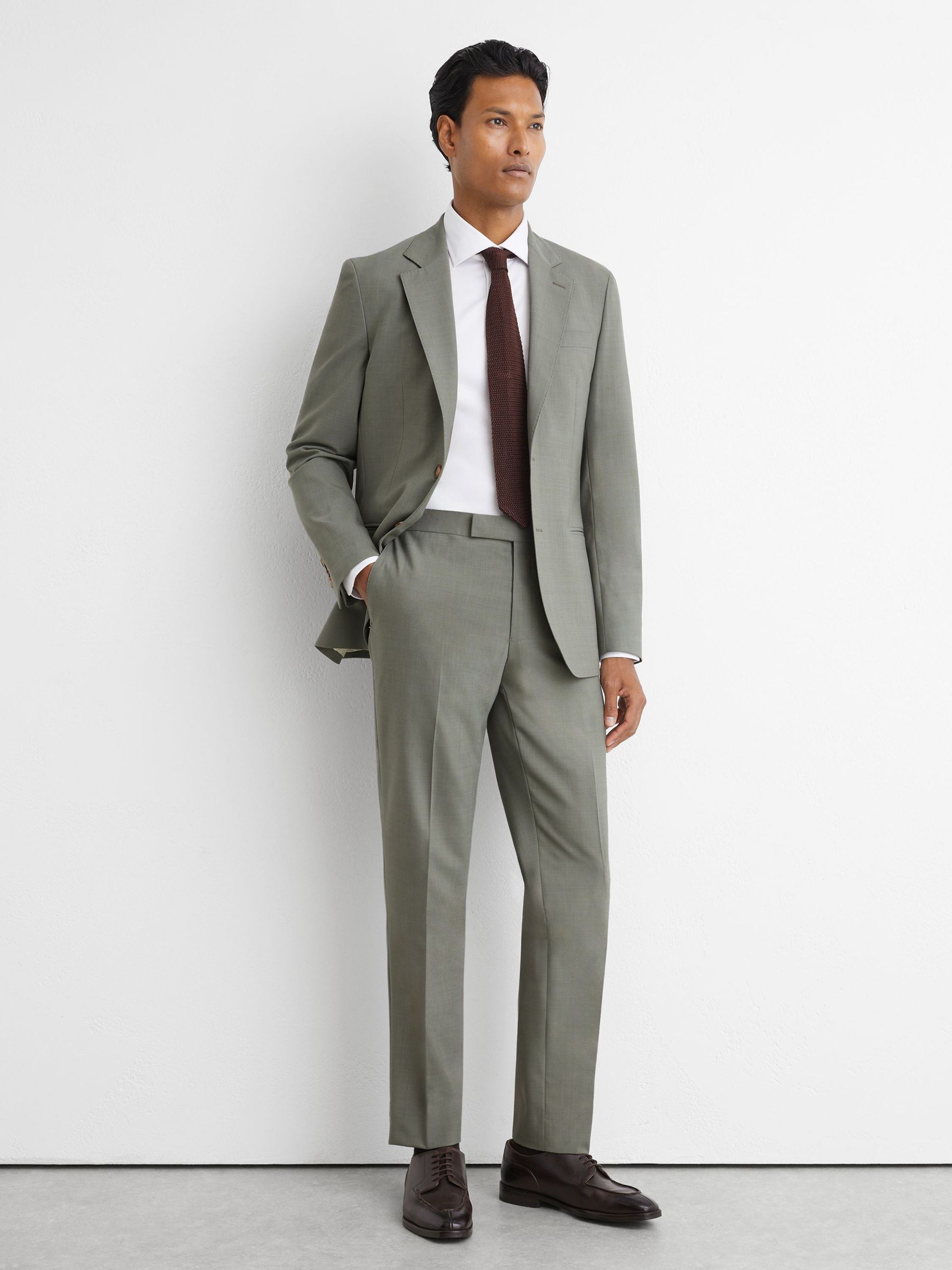 Tailored Fit Wool-Blend Side-Adjuster Suit Trousers in Sage Green - Image 1 of 6 Tailored Fit Wool-Blend Side-Adjuster Suit Trousers in Sage Green - Image 1 of 6