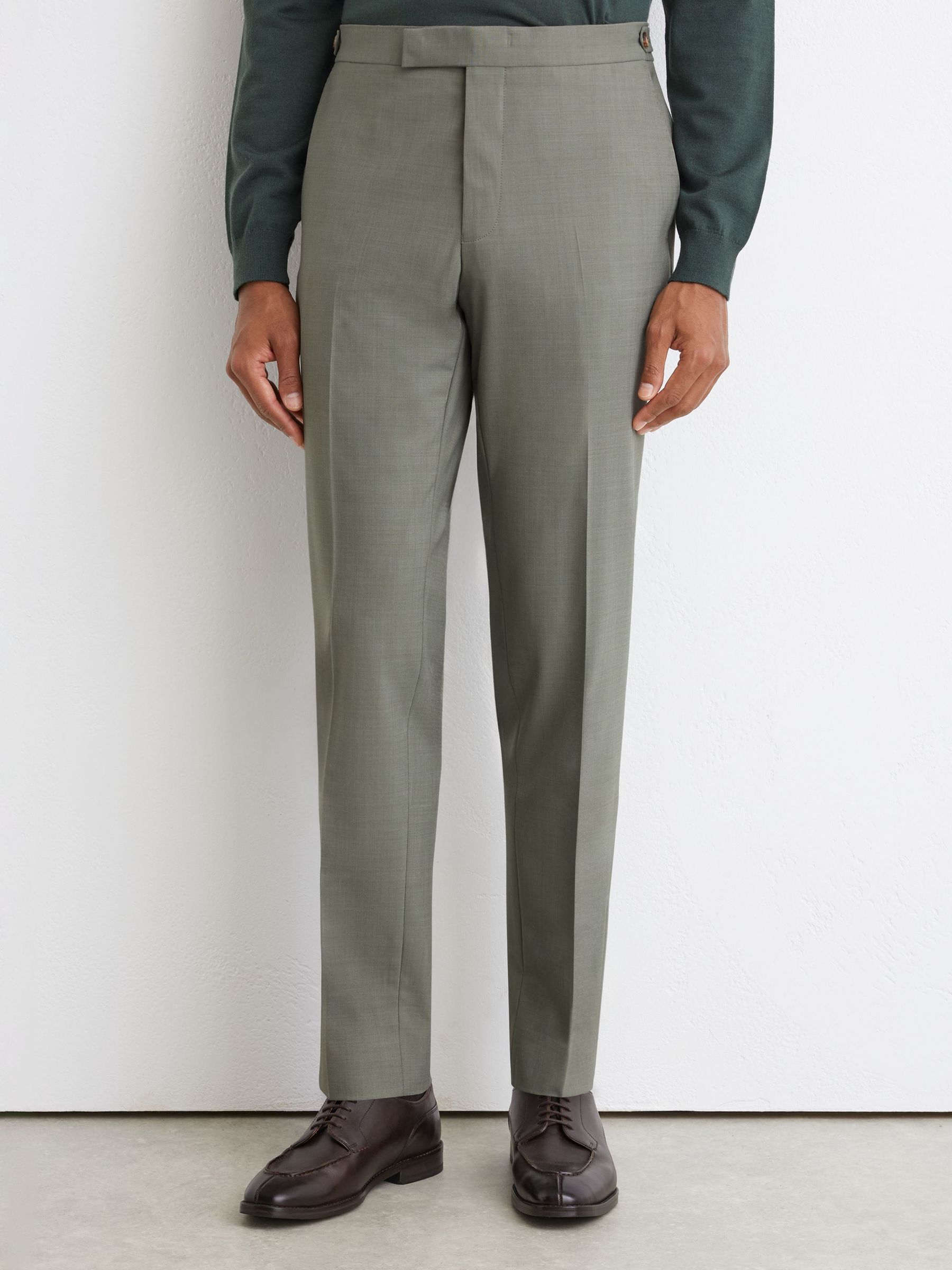 Tailored Fit Wool-Blend Side-Adjuster Suit Trousers in Sage Green - Image 3 of 6