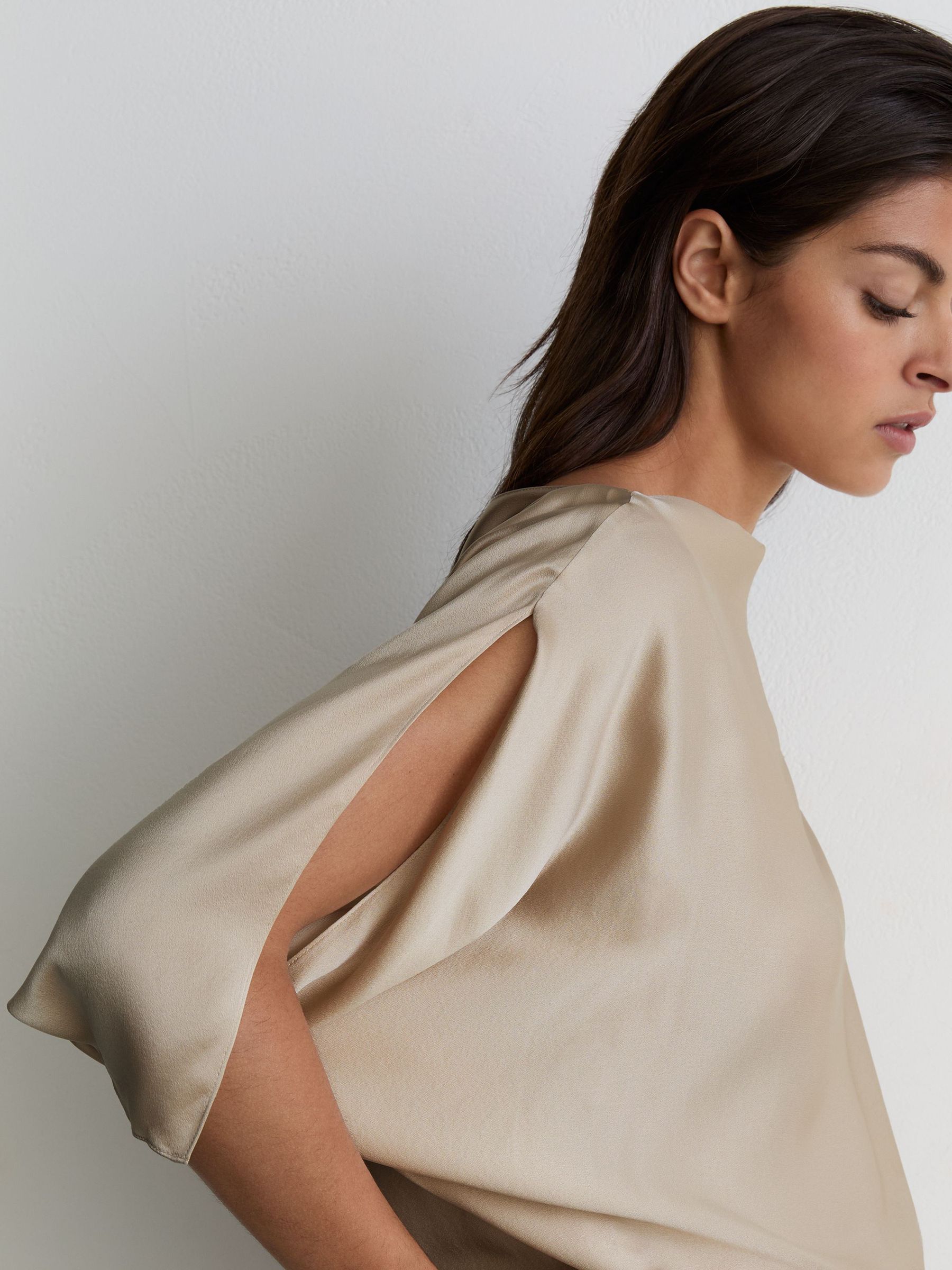 Silk Draped Split-Sleeve Top in Champagne Neutral - Image 1 of 6