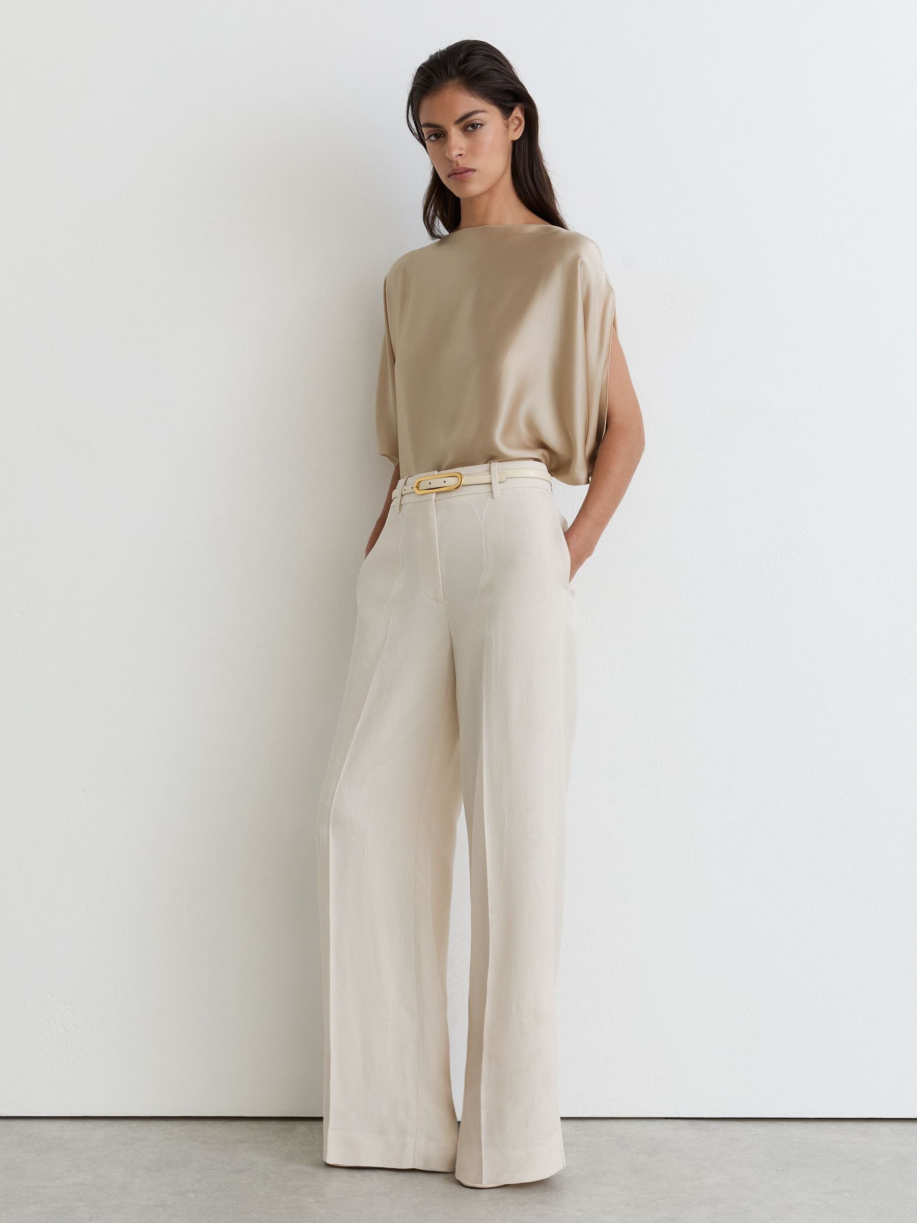 Silk Draped Split-Sleeve Top in Champagne Neutral - Image 3 of 6