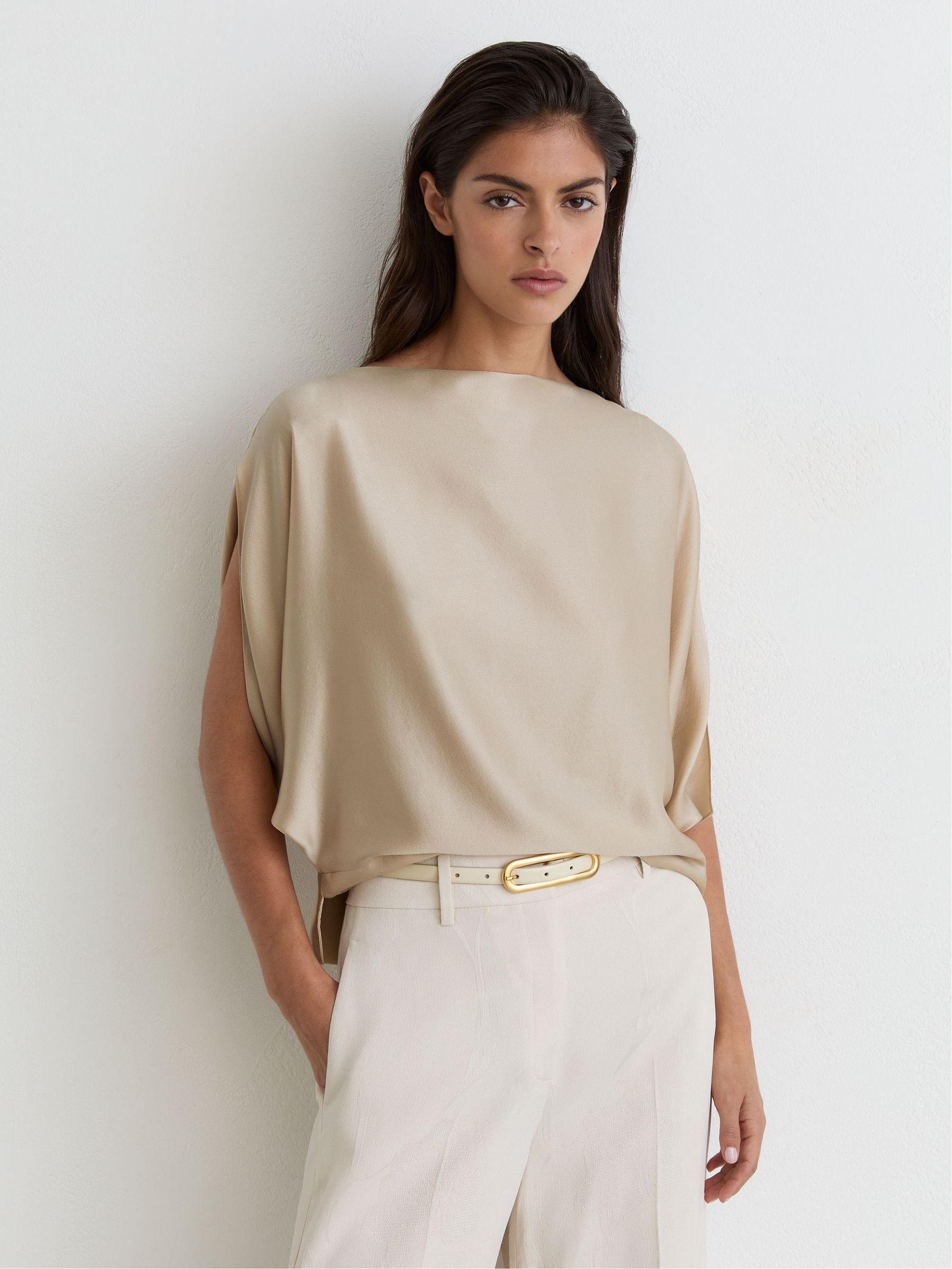 Silk Draped Split-Sleeve Top in Champagne Neutral - Image 4 of 6