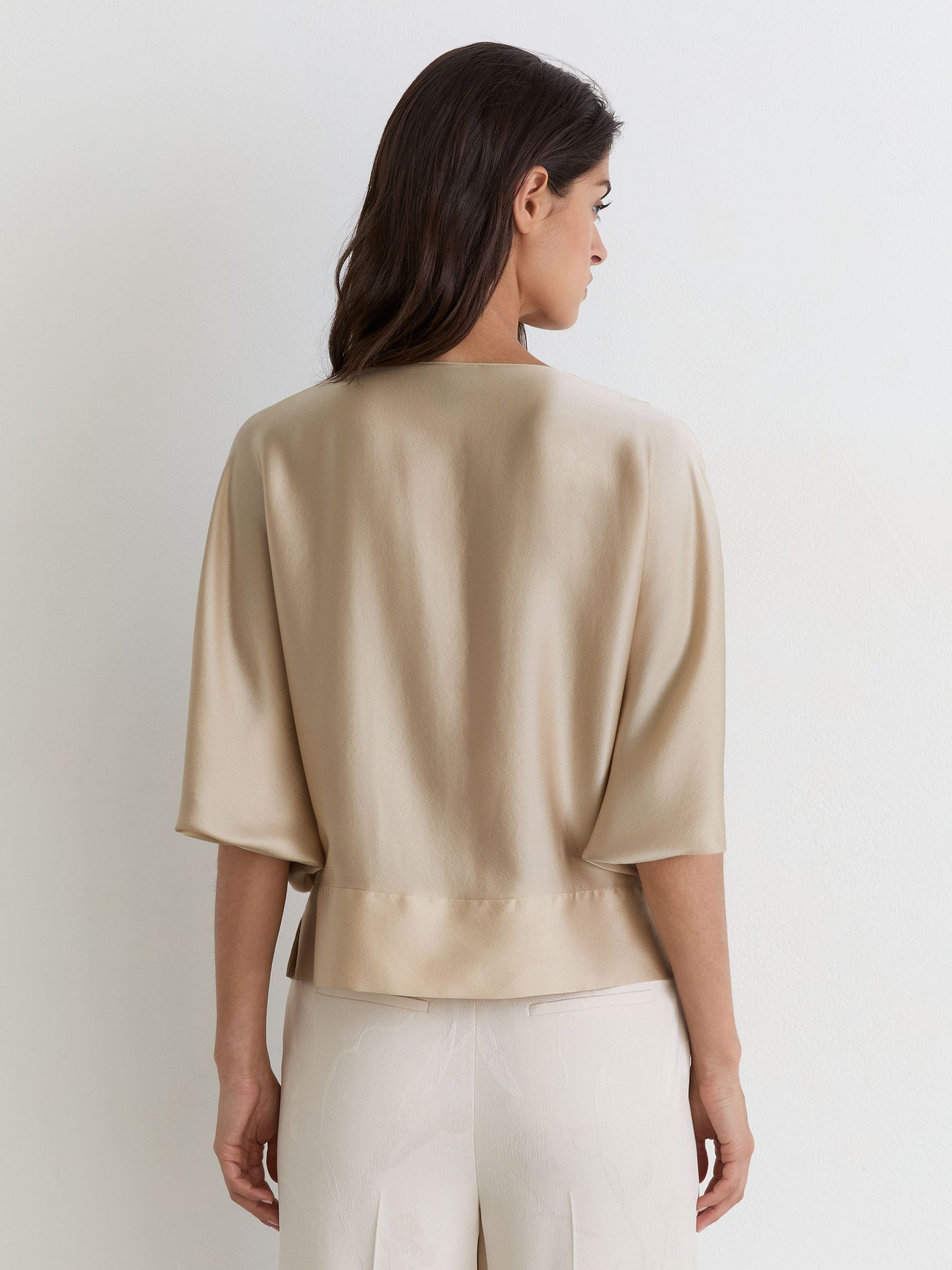 Silk Draped Split-Sleeve Top in Champagne Neutral - Image 5 of 6