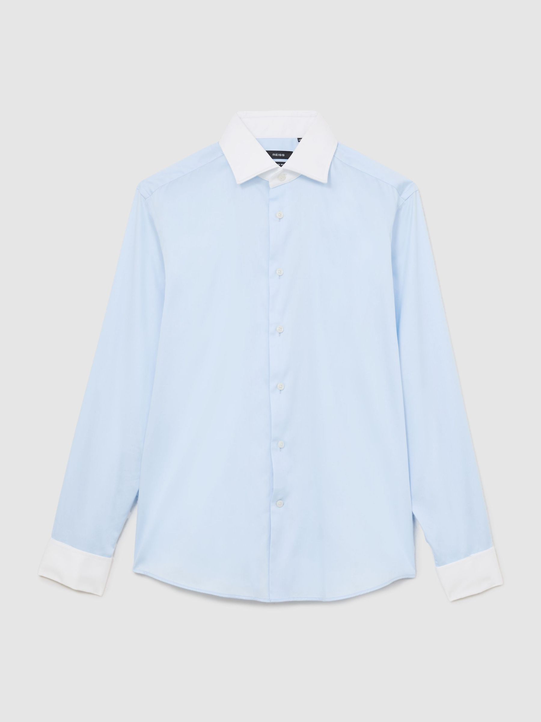 Cotton-Stretch Contrast Double-Cuff Shirt Regular-Fit in Soft Blue - Image 2 of 8 Cotton-Stretch Contrast Double-Cuff Shirt Regular-Fit in Soft Blue - Image 2 of 8