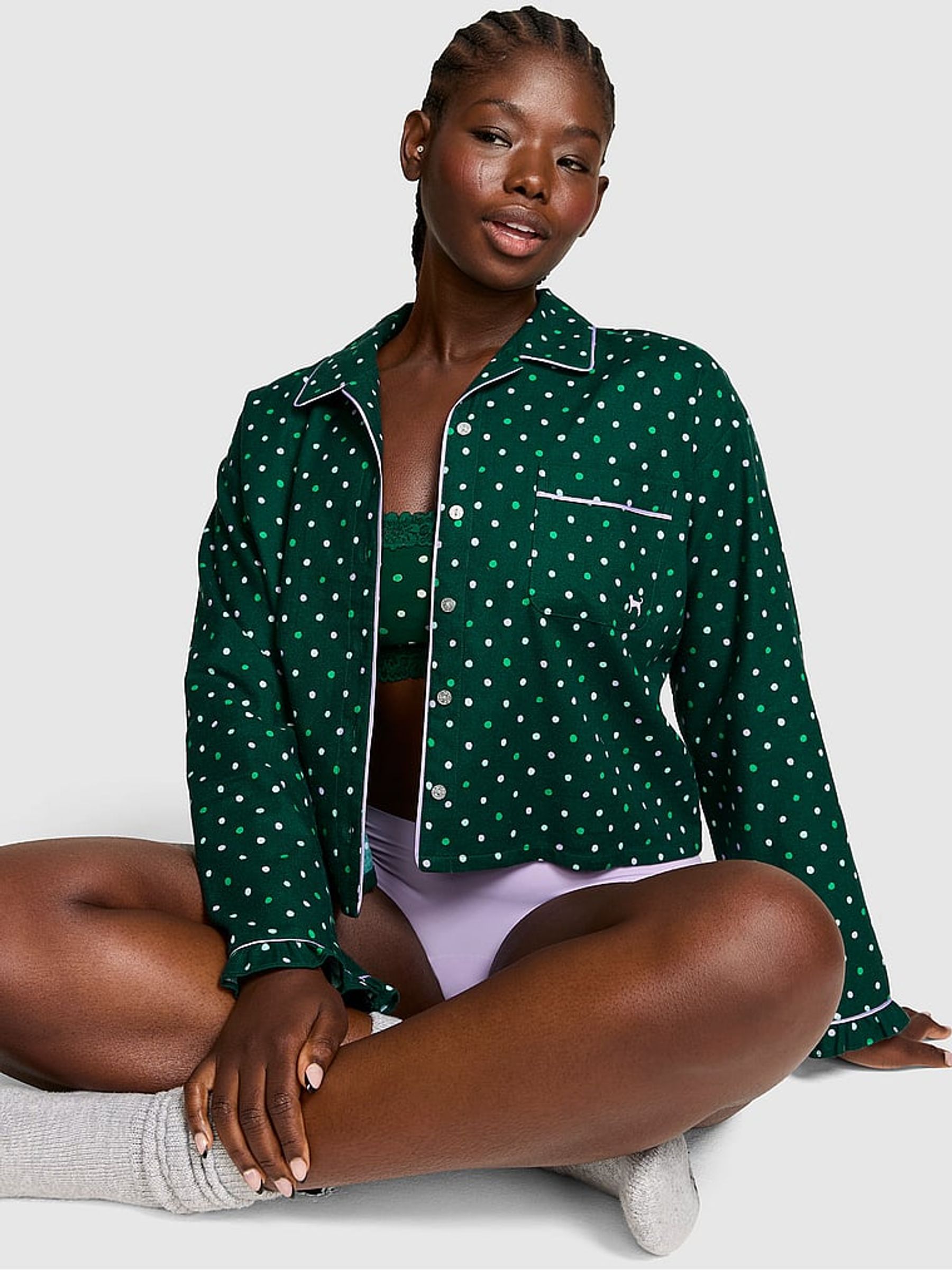 Dark Garden Green Polka Dot Flannel Cropped Pyjama Top - Image 1 of 2