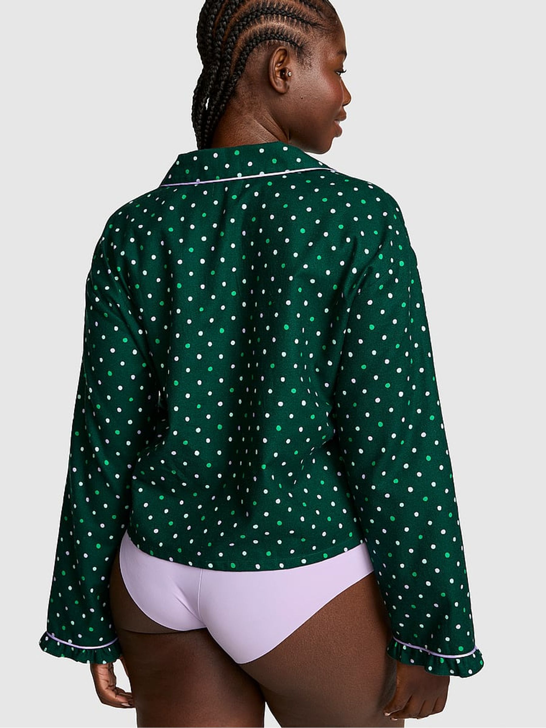 Dark Garden Green Polka Dot Flannel Cropped Pyjama Top - Image 2 of 2