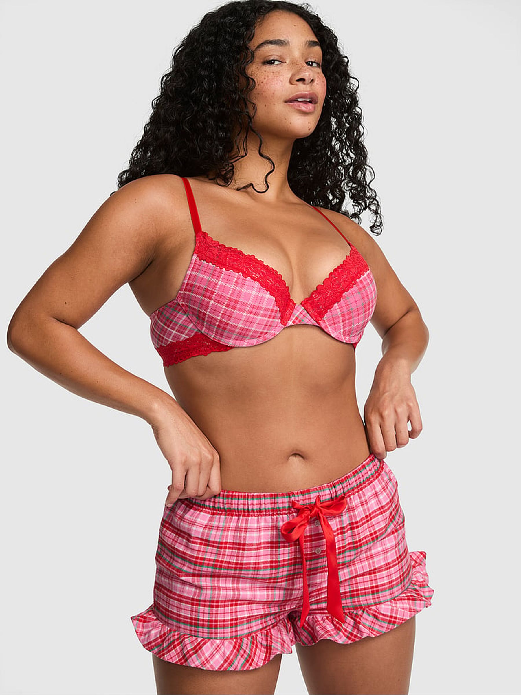 Pink/Red Tartan Short Flannel Pyjama Bottoms - Image 1 of 2 Pink/Red Tartan Short Flannel Pyjama Bottoms - Image 1 of 2