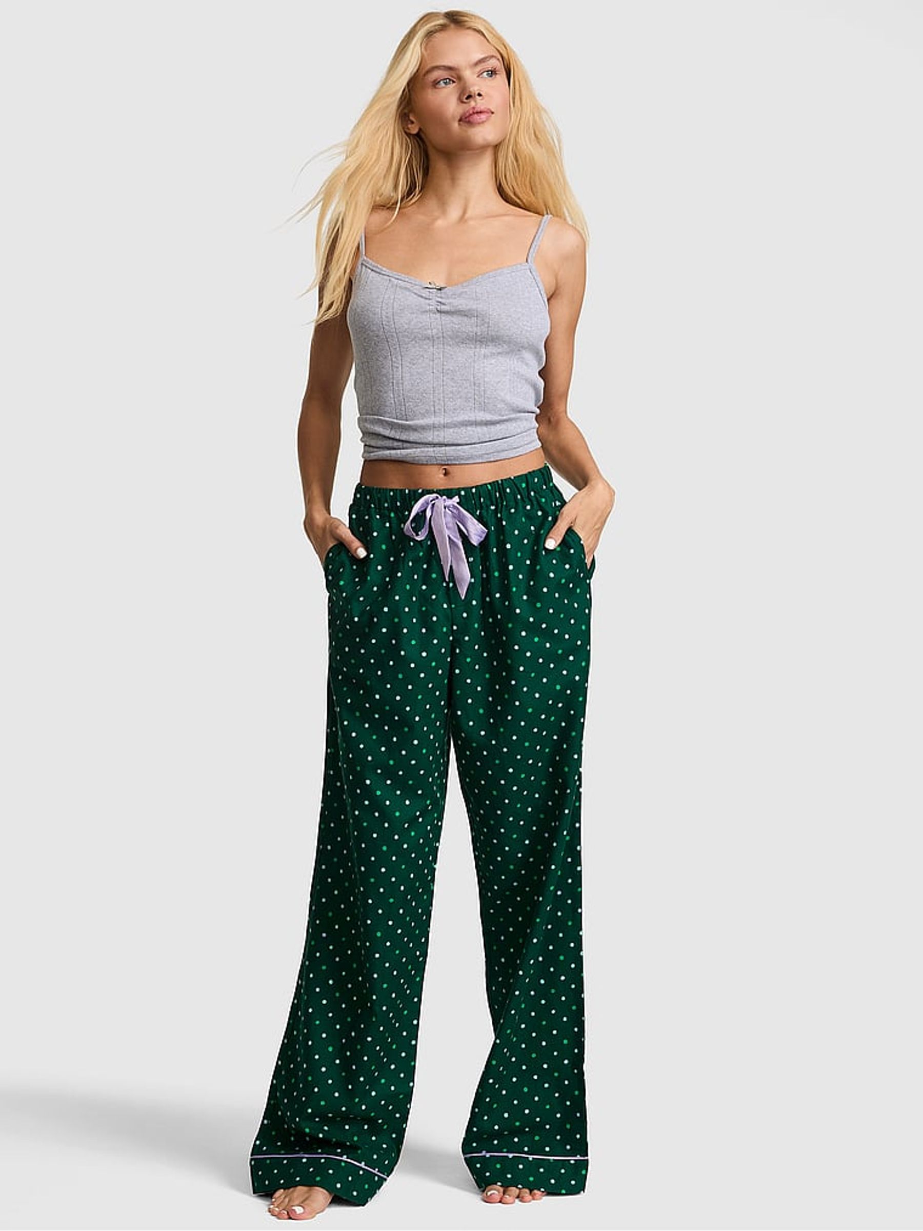 Dark Garden Green Polka Dot Long Flannel Pyjama Bottoms - Image 1 of 2