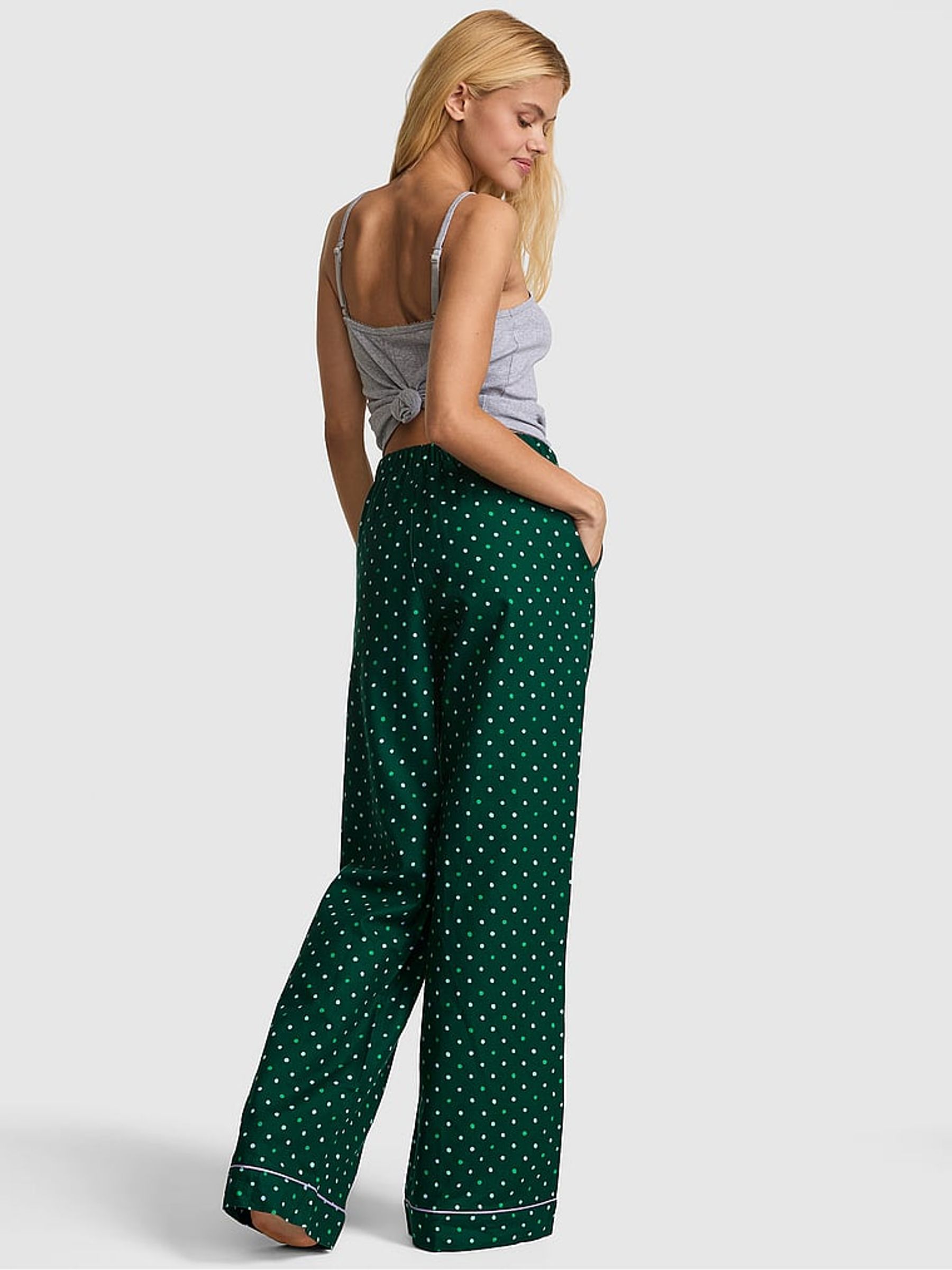 Dark Garden Green Polka Dot Long Flannel Pyjama Bottoms - Image 2 of 2
