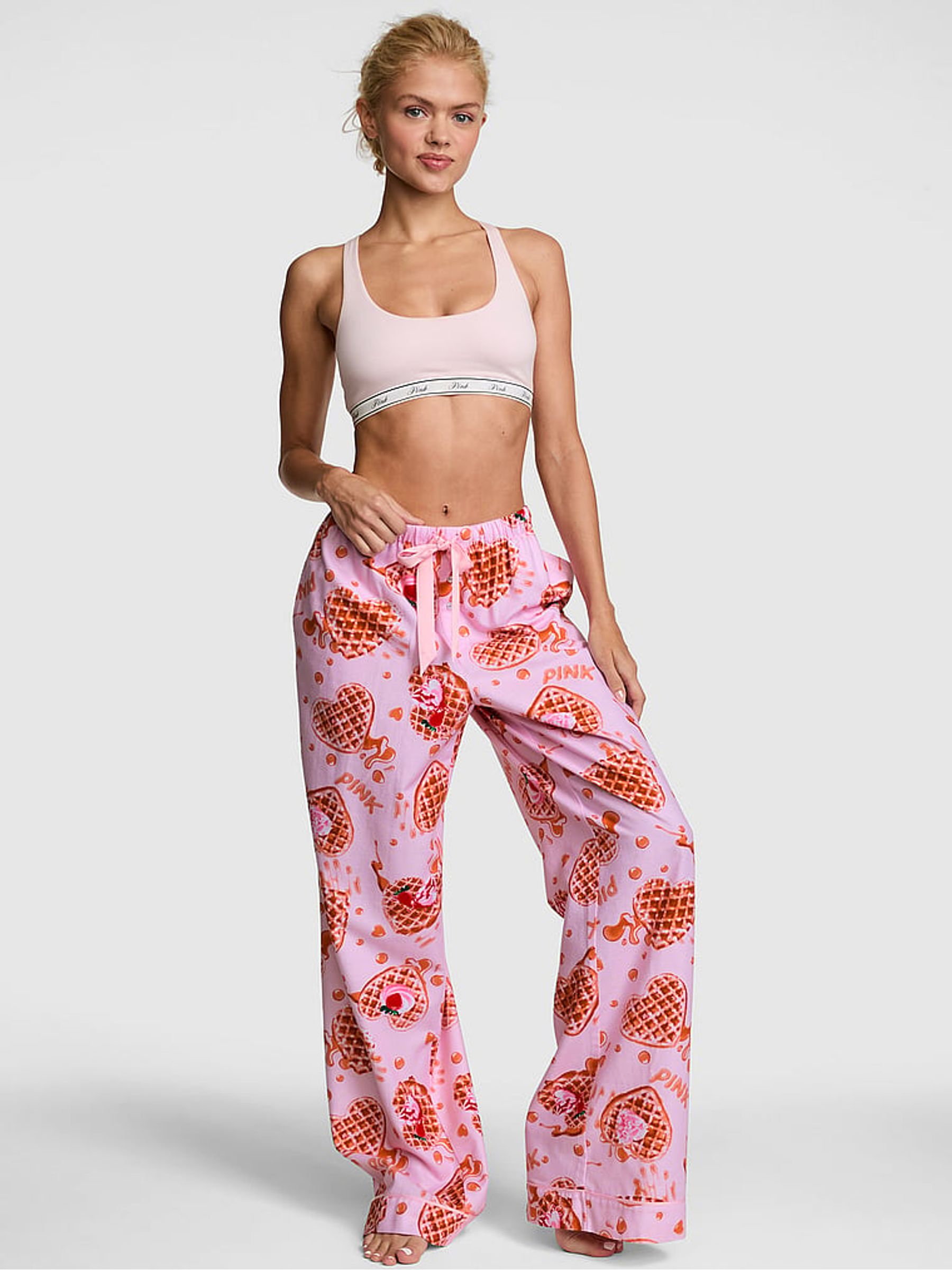 Coconut Pink Waffle Print Long Flannel Pyjama Bottoms - Image 1 of 2