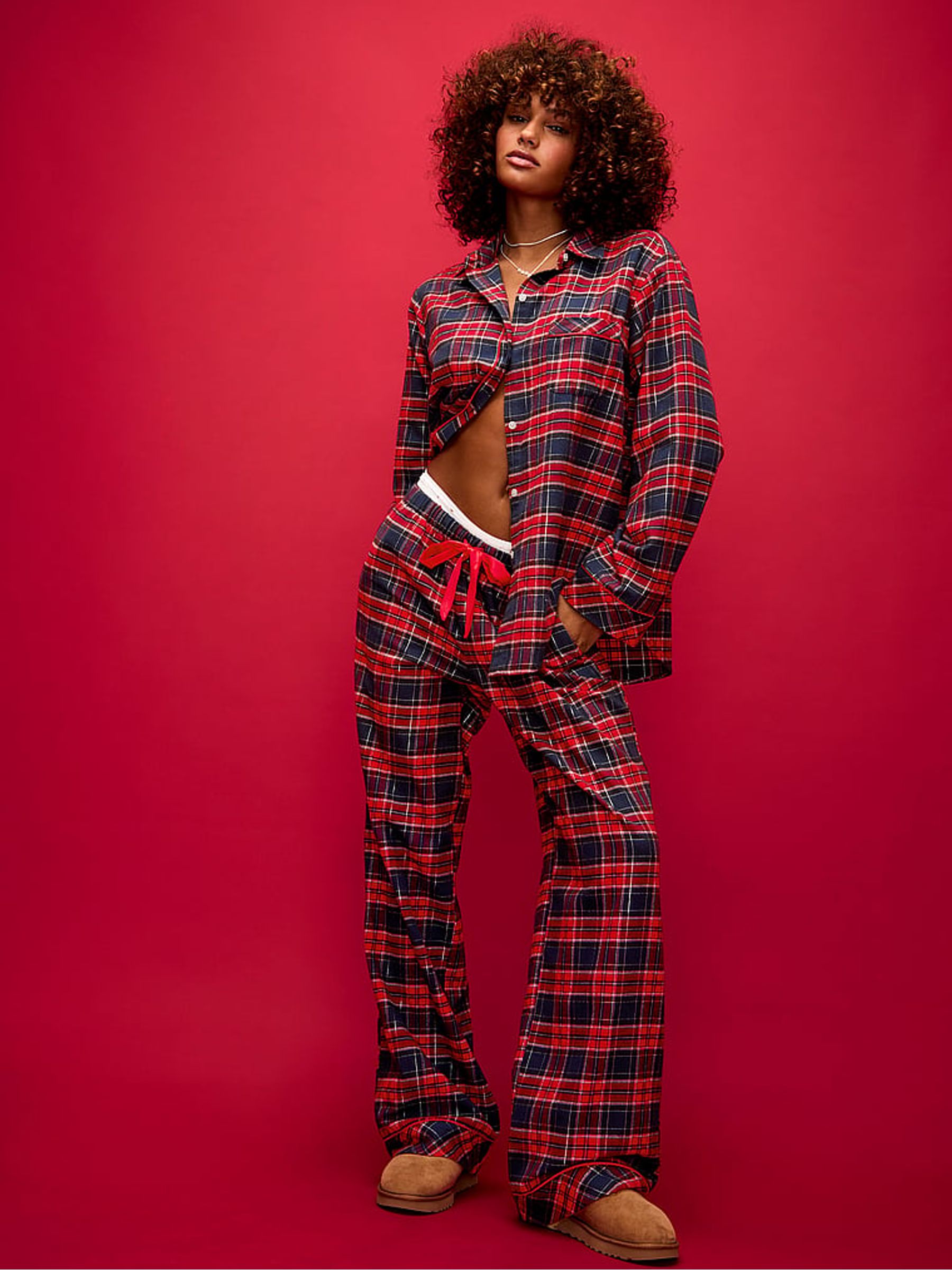 Navy Blue/Red Tartan Long Flannel Pyjama Set - Image 1 of 3 Navy Blue/Red Tartan Long Flannel Pyjama Set - Image 1 of 3