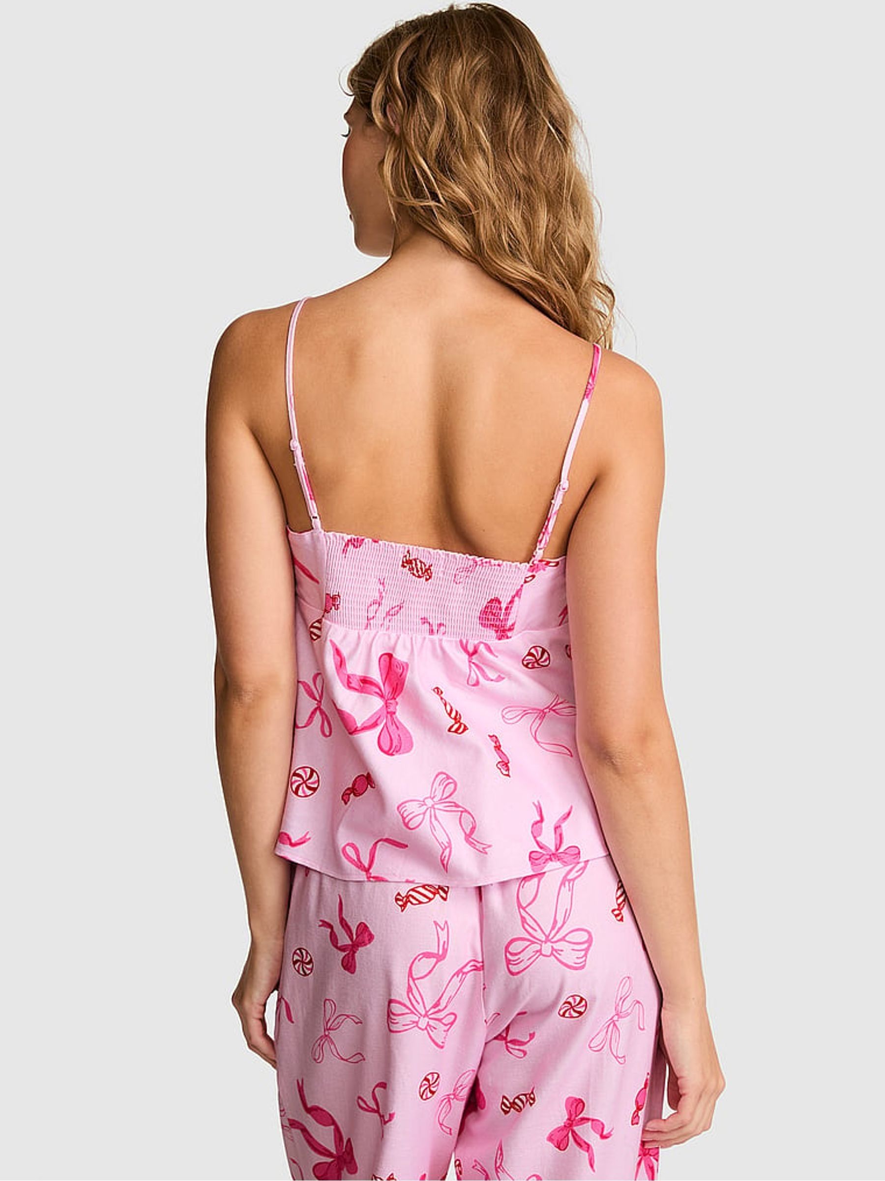 Coconut Pink Bow Print Flannel Cami Pyjama Top - Image 2 of 2