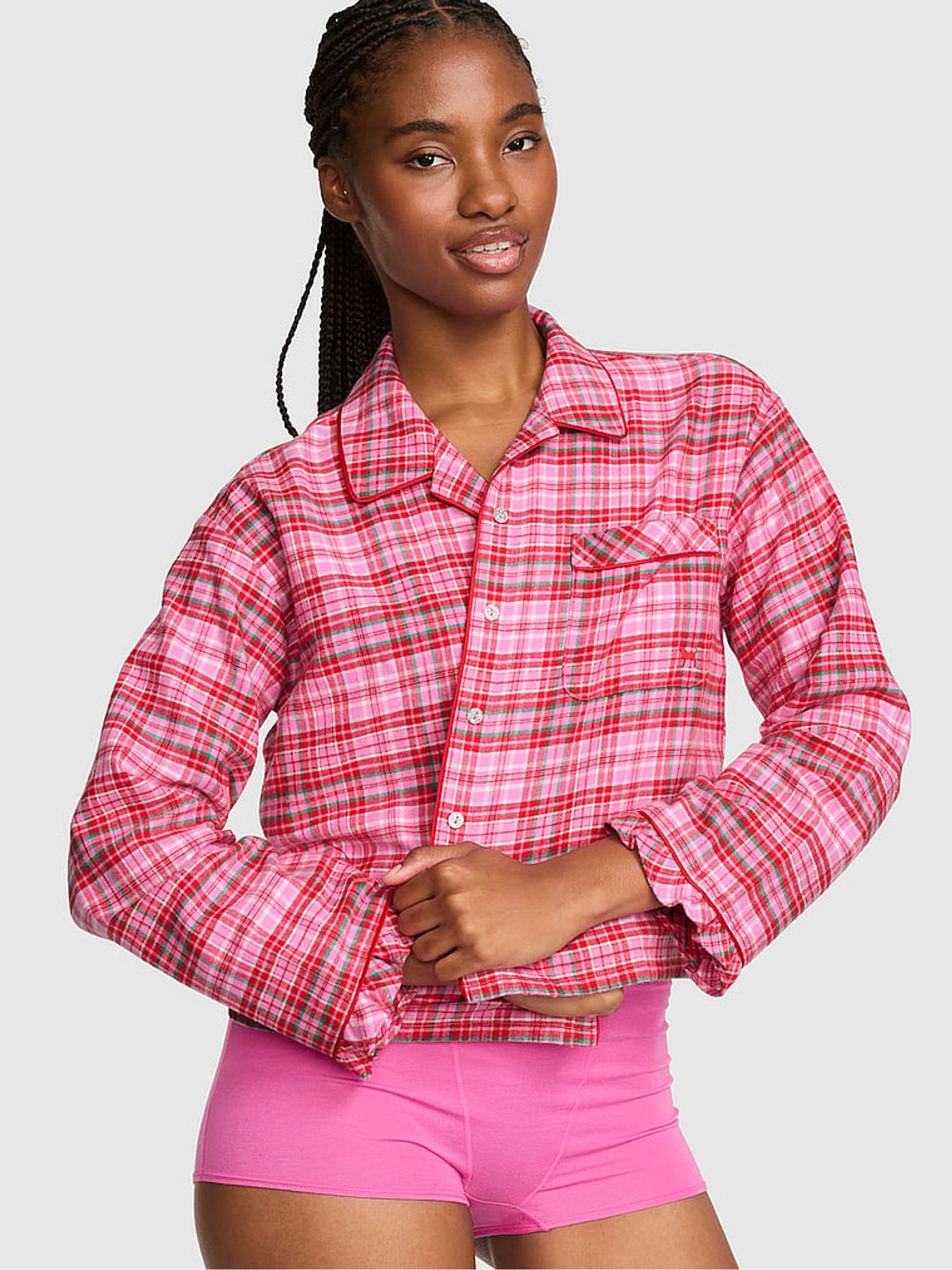 Pink/Red Tartan Flannel Cropped Pyjama Top - Image 1 of 2 Pink/Red Tartan Flannel Cropped Pyjama Top - Image 1 of 2