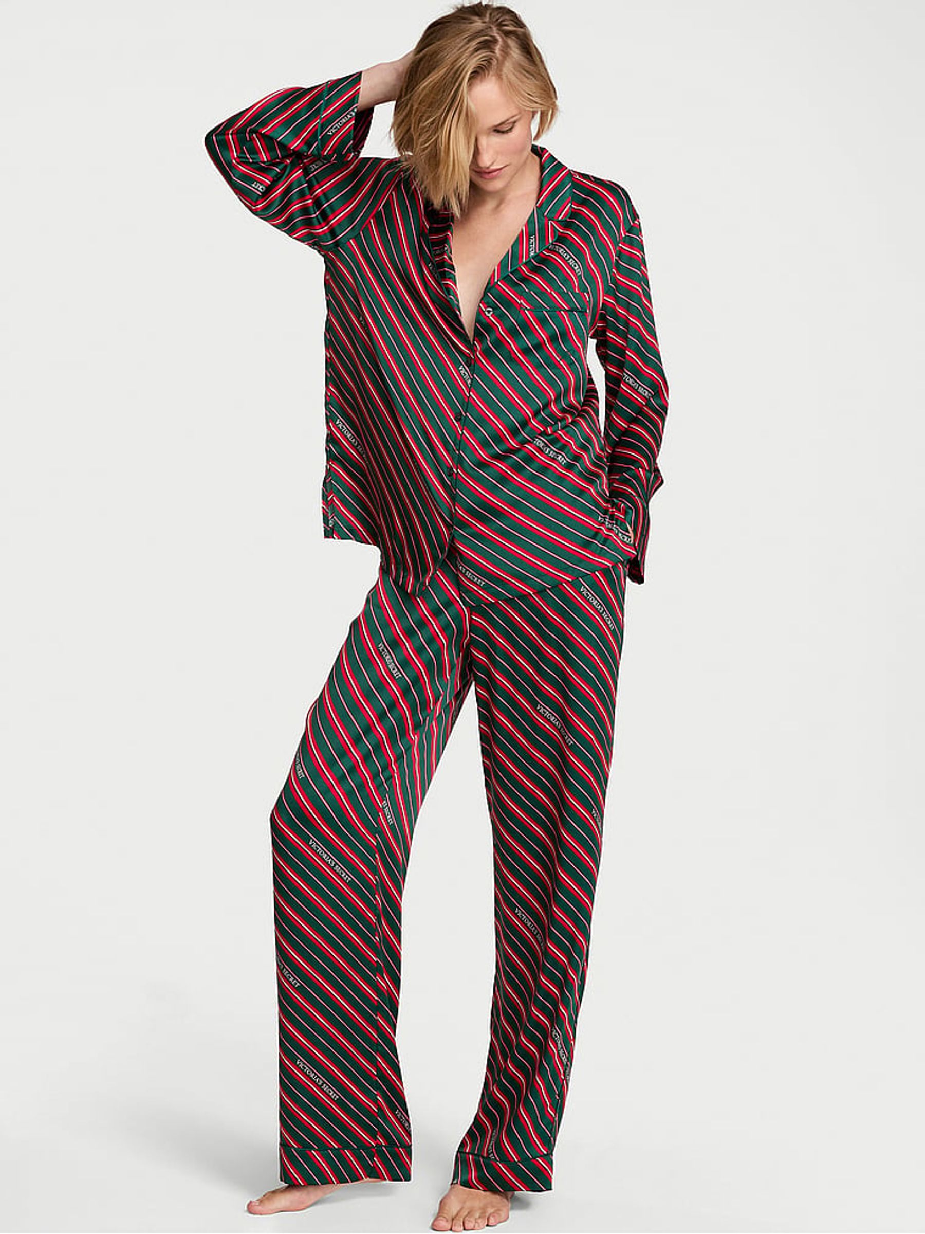 Christmas Red & Green Candy Cane Stripe Satin Long Pyjamas Set - Image 1 of 2