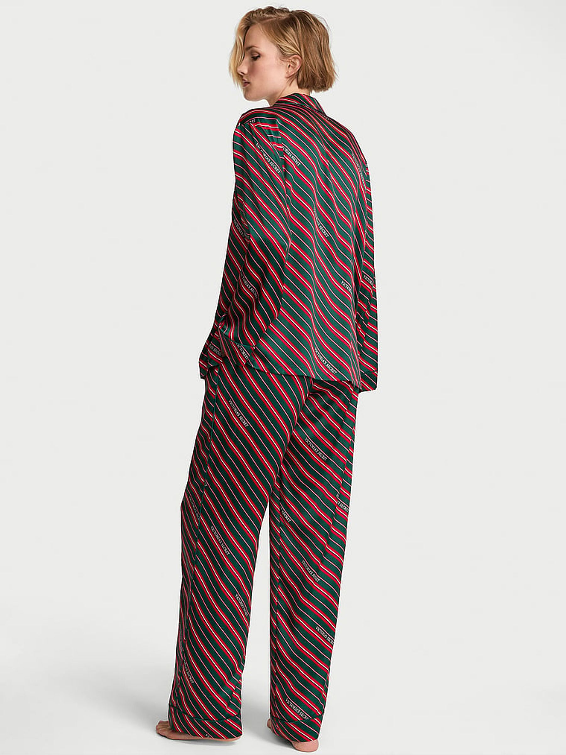 Christmas Red & Green Candy Cane Stripe Satin Long Pyjamas Set - Image 2 of 2