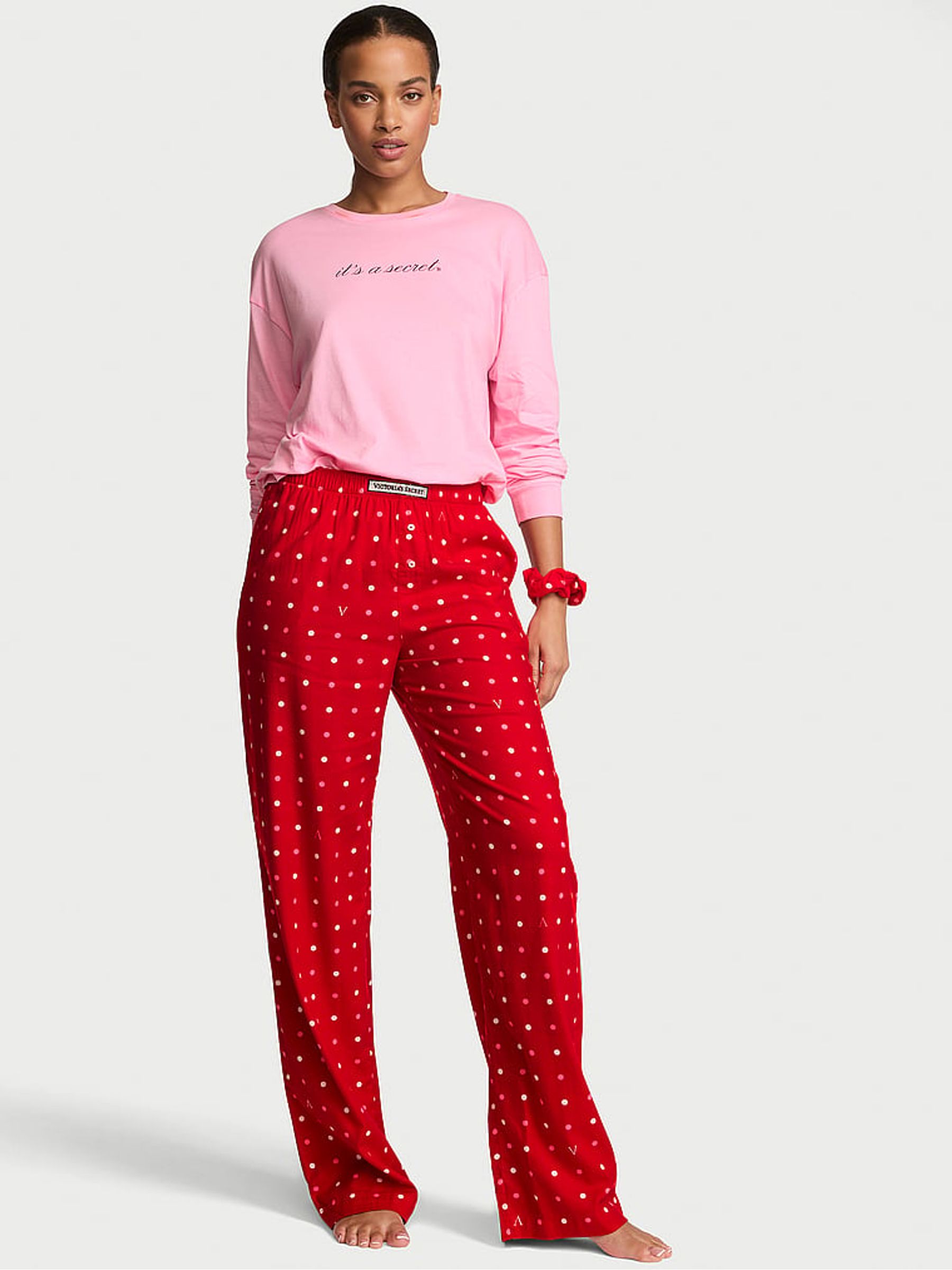 Pink & Red Polka Dot Long Sleeve Flannel Pyjamas & Scrunchie Set - Image 1 of 2