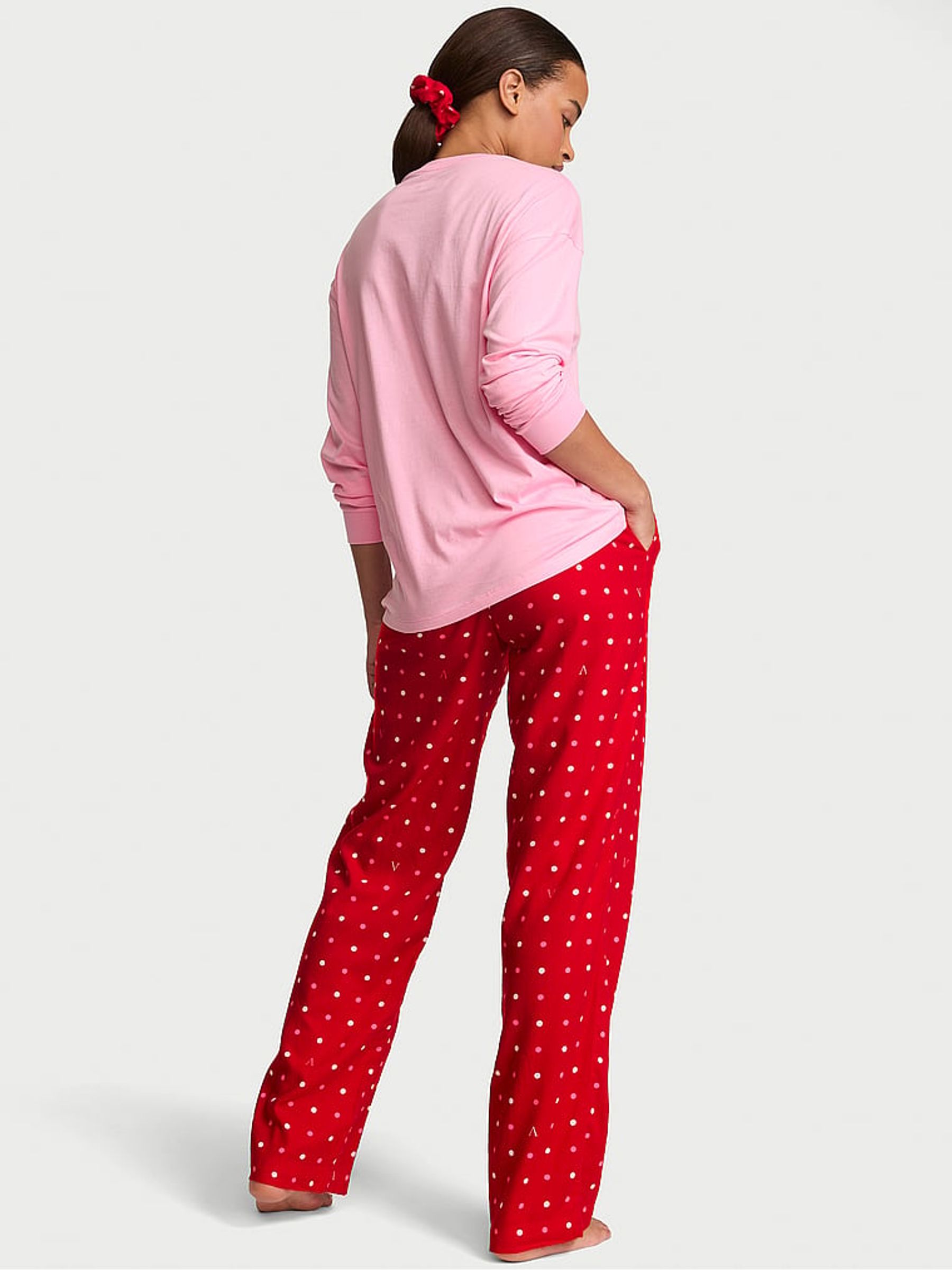 Pink & Red Polka Dot Long Sleeve Flannel Pyjamas & Scrunchie Set - Image 2 of 2 Pink & Red Polka Dot Long Sleeve Flannel Pyjamas & Scrunchie Set - Image 2 of 2