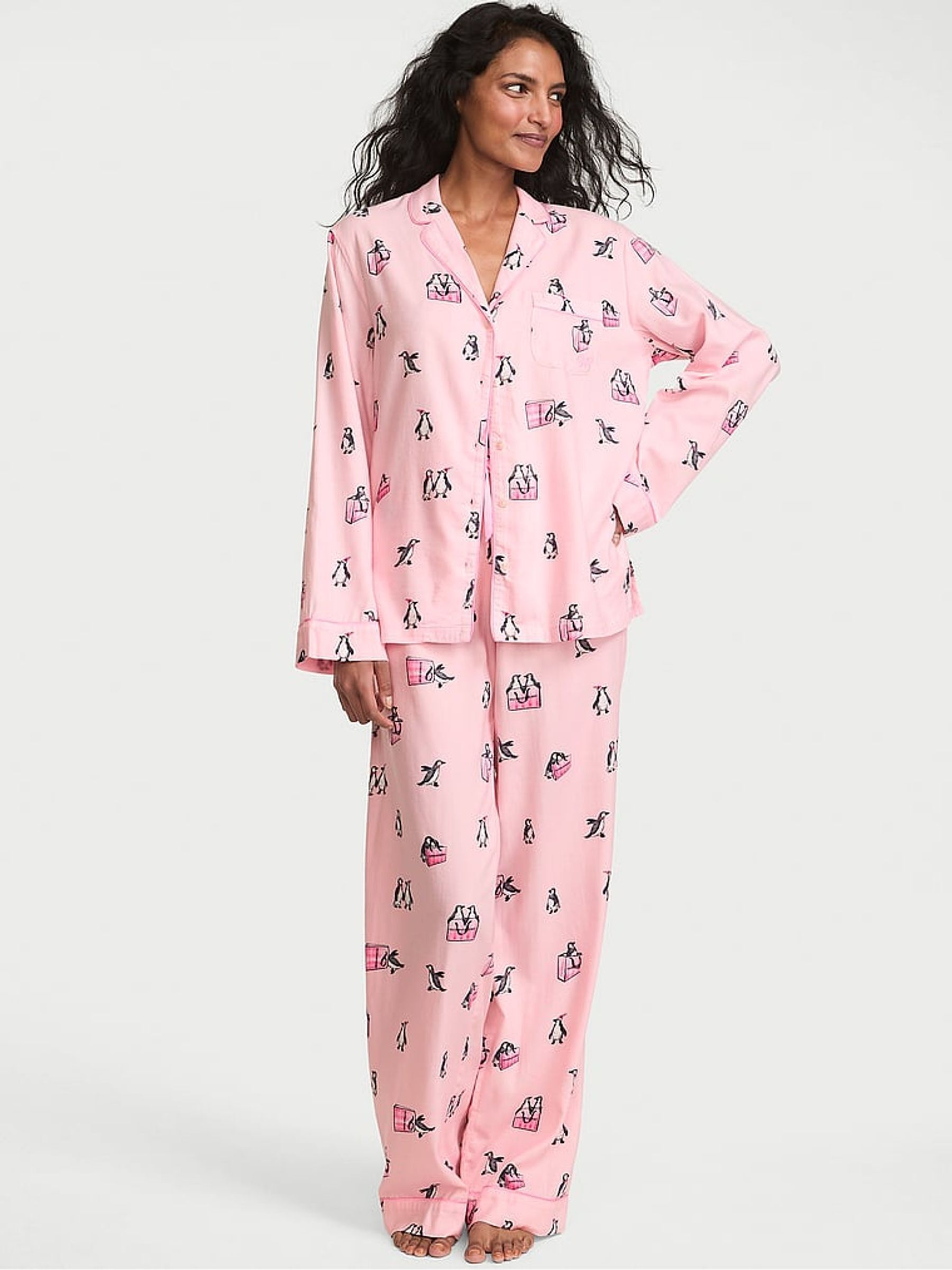 Christmas Pink Penguins Flannel Long Pyjama Set - Image 1 of 2