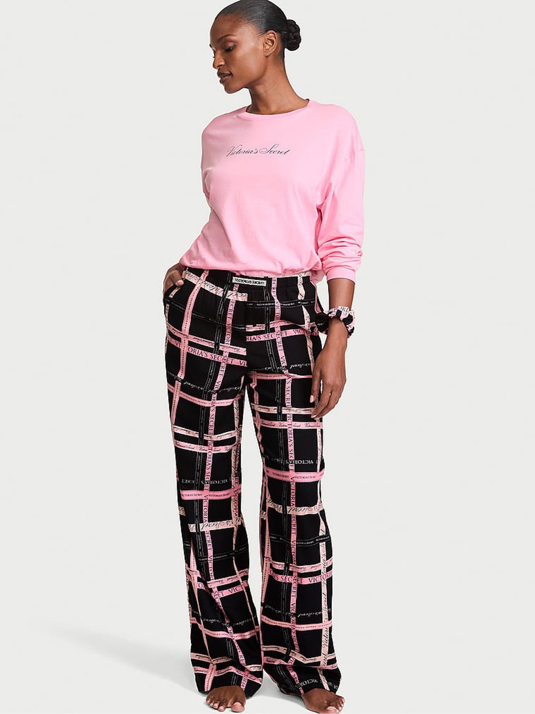 Pink & Black Tartan Long Sleeve Flannel Pyjamas  Scrunchie Set - Image 1 of 3