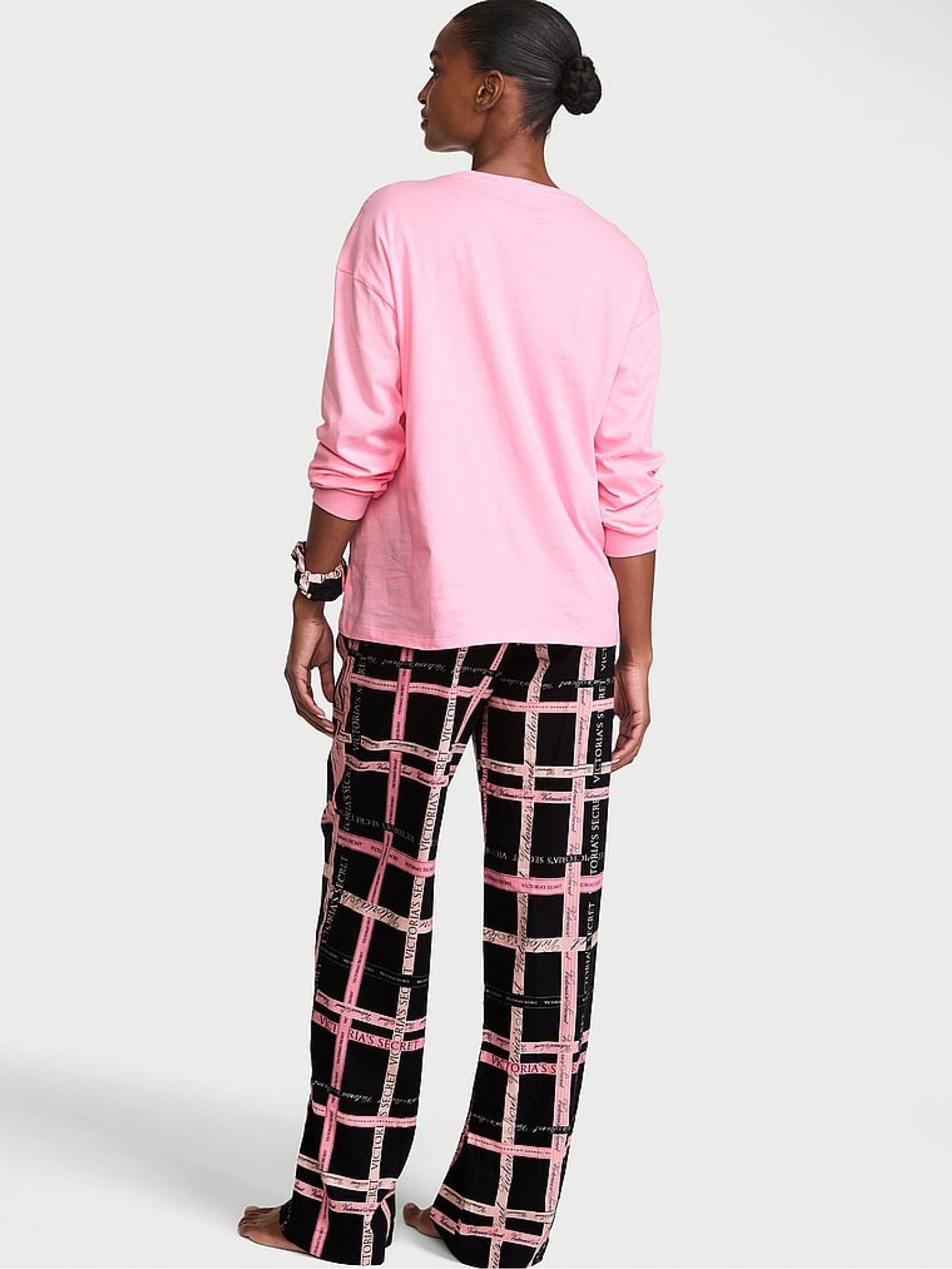 Pink & Black Tartan Long Sleeve Flannel Pyjamas  Scrunchie Set - Image 2 of 3