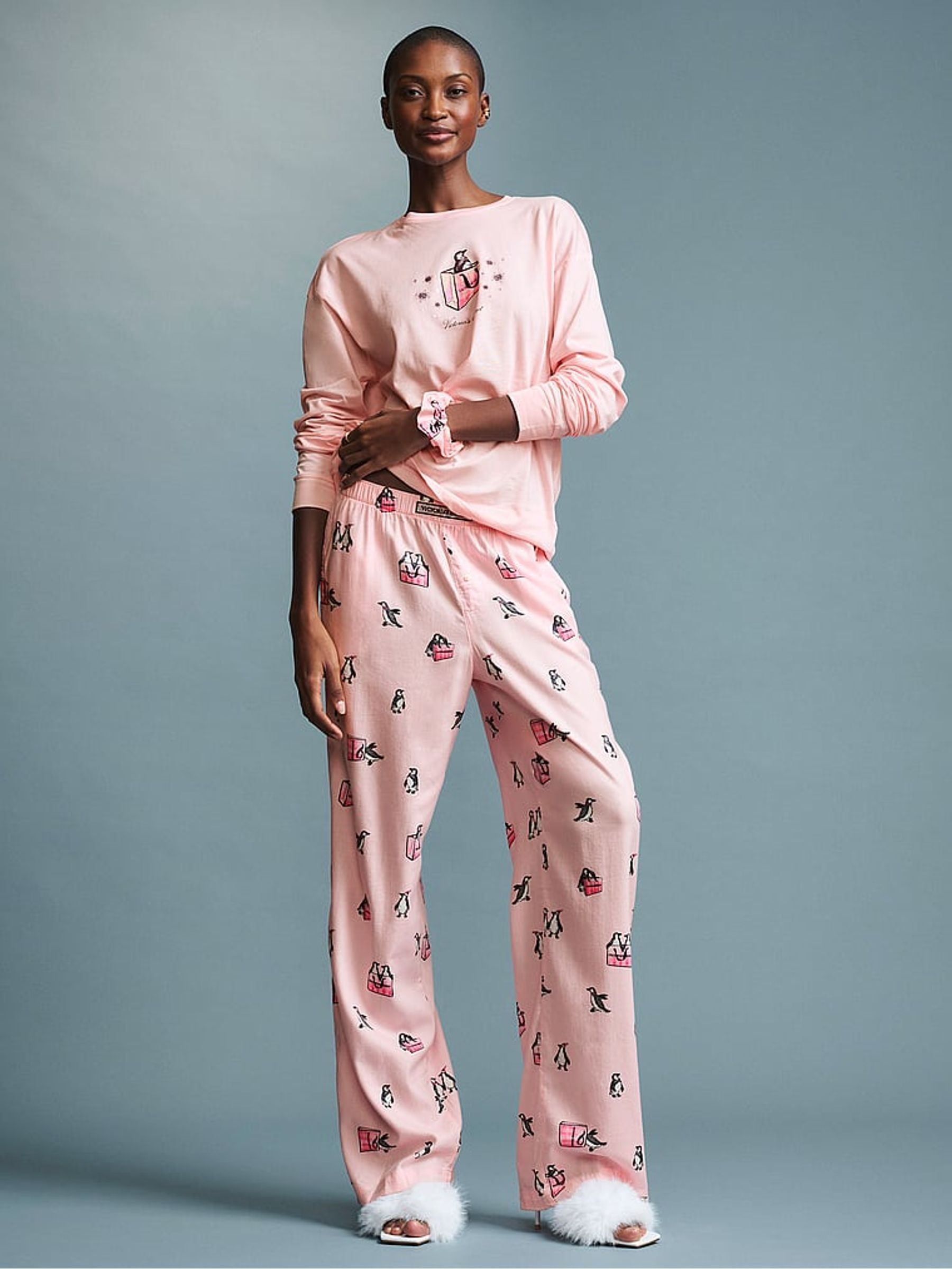 Christmas Pink Penguins Long Sleeve Flannel Pyjamas  Scrunchie Set - Image 1 of 3
