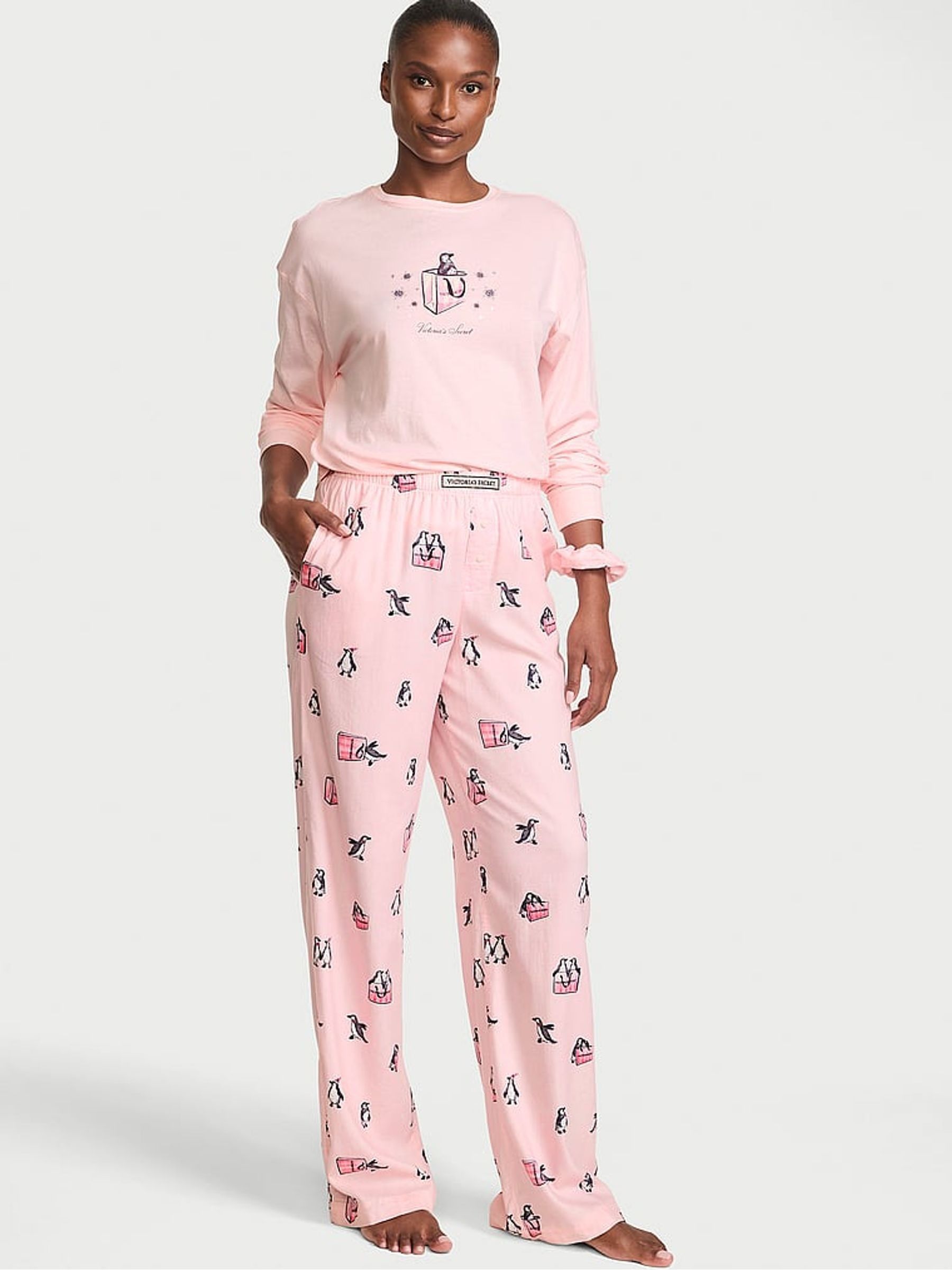 Christmas Pink Penguins Long Sleeve Flannel Pyjamas  Scrunchie Set - Image 2 of 3