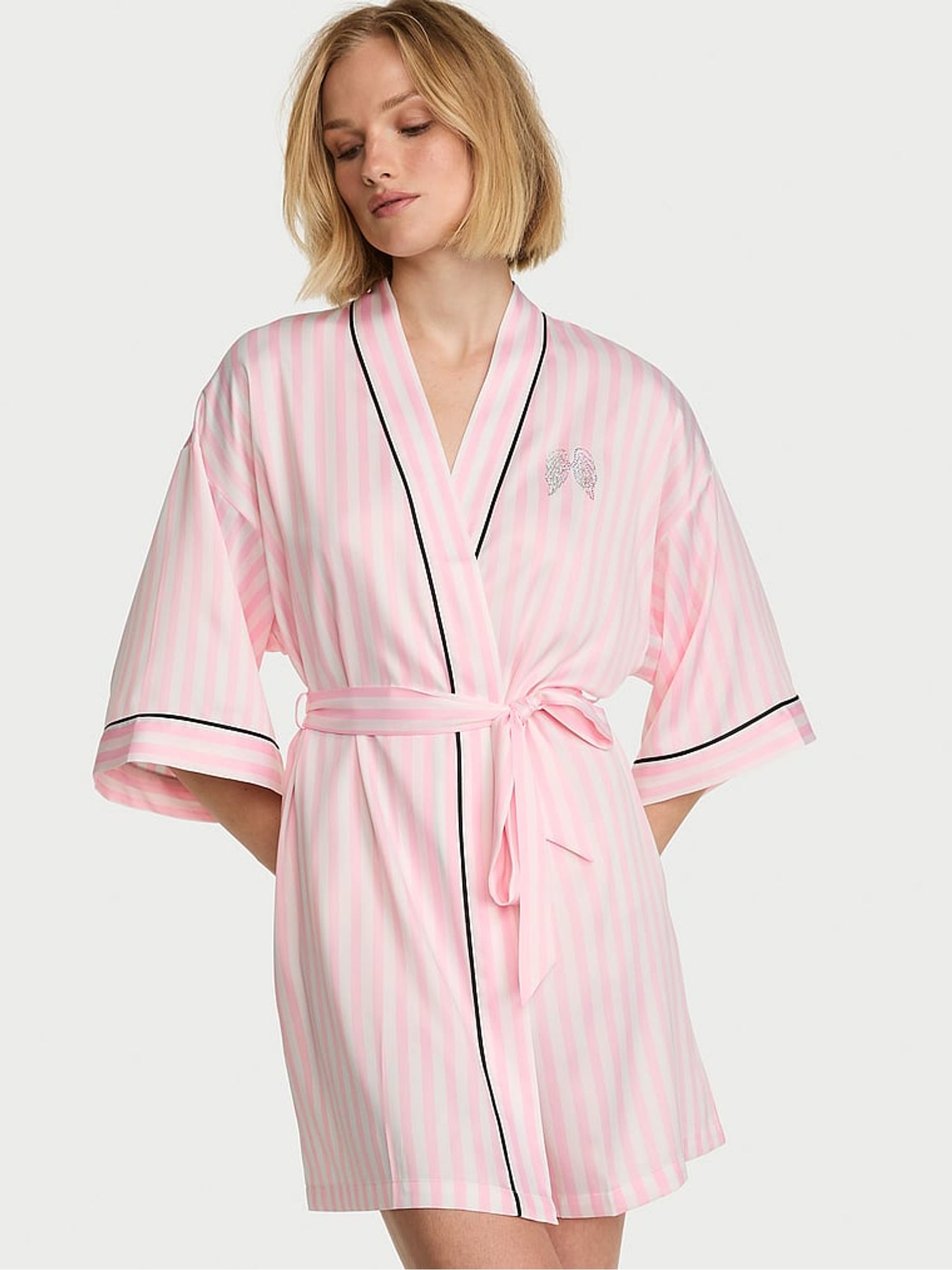Fashion Show Pink Iconic Stripe Satin Short Robe - Image 2 of 3