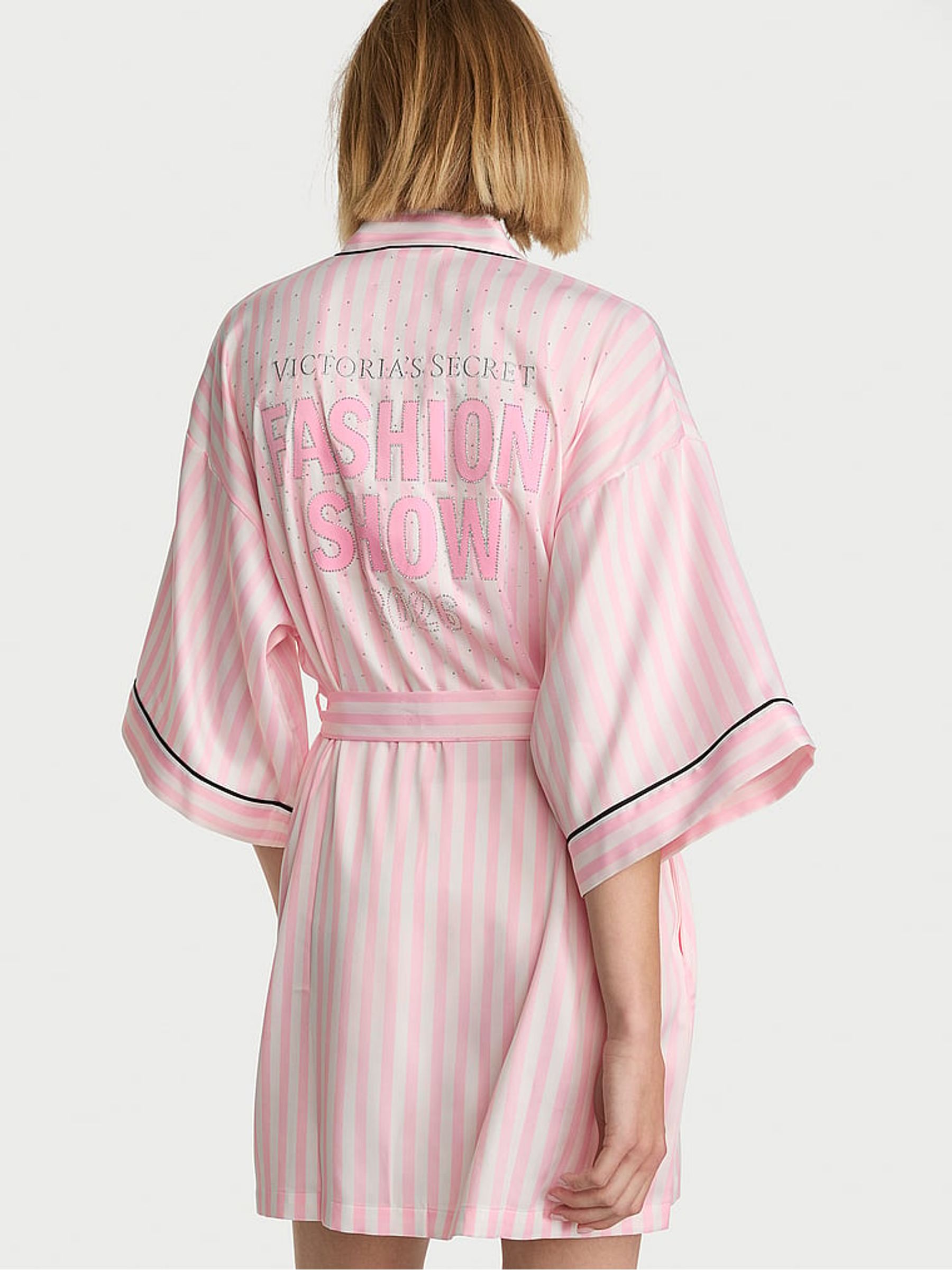 Fashion Show Pink Iconic Stripe Satin Short Robe - Image 3 of 3
