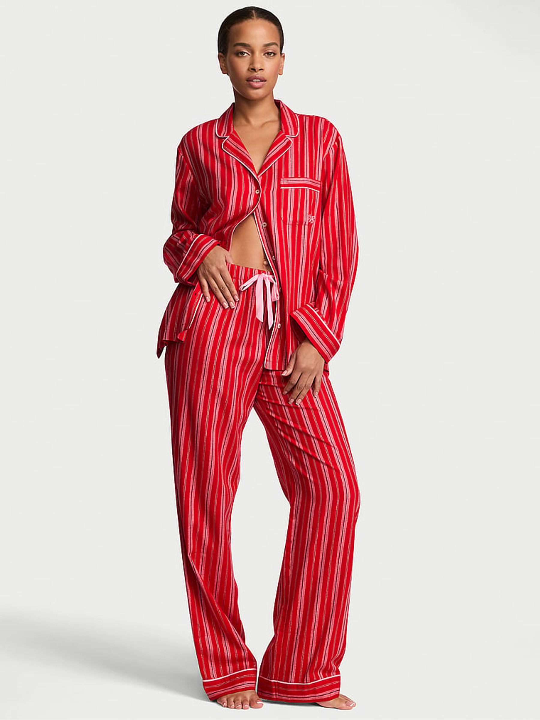 Christmas Red & Pink Stripe Flannel Long Pyjama Set - Image 1 of 2